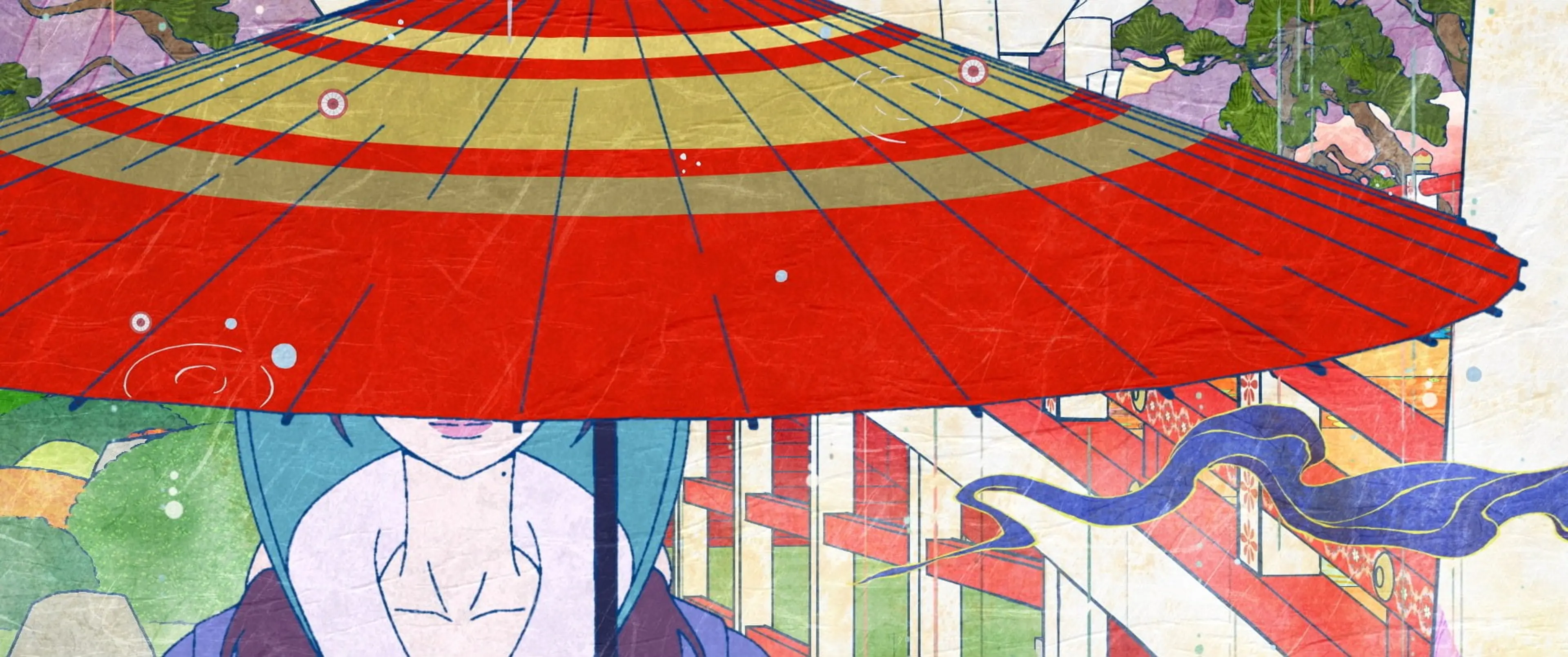 A red paper umbrella partly hides a figure in a palace corridor.