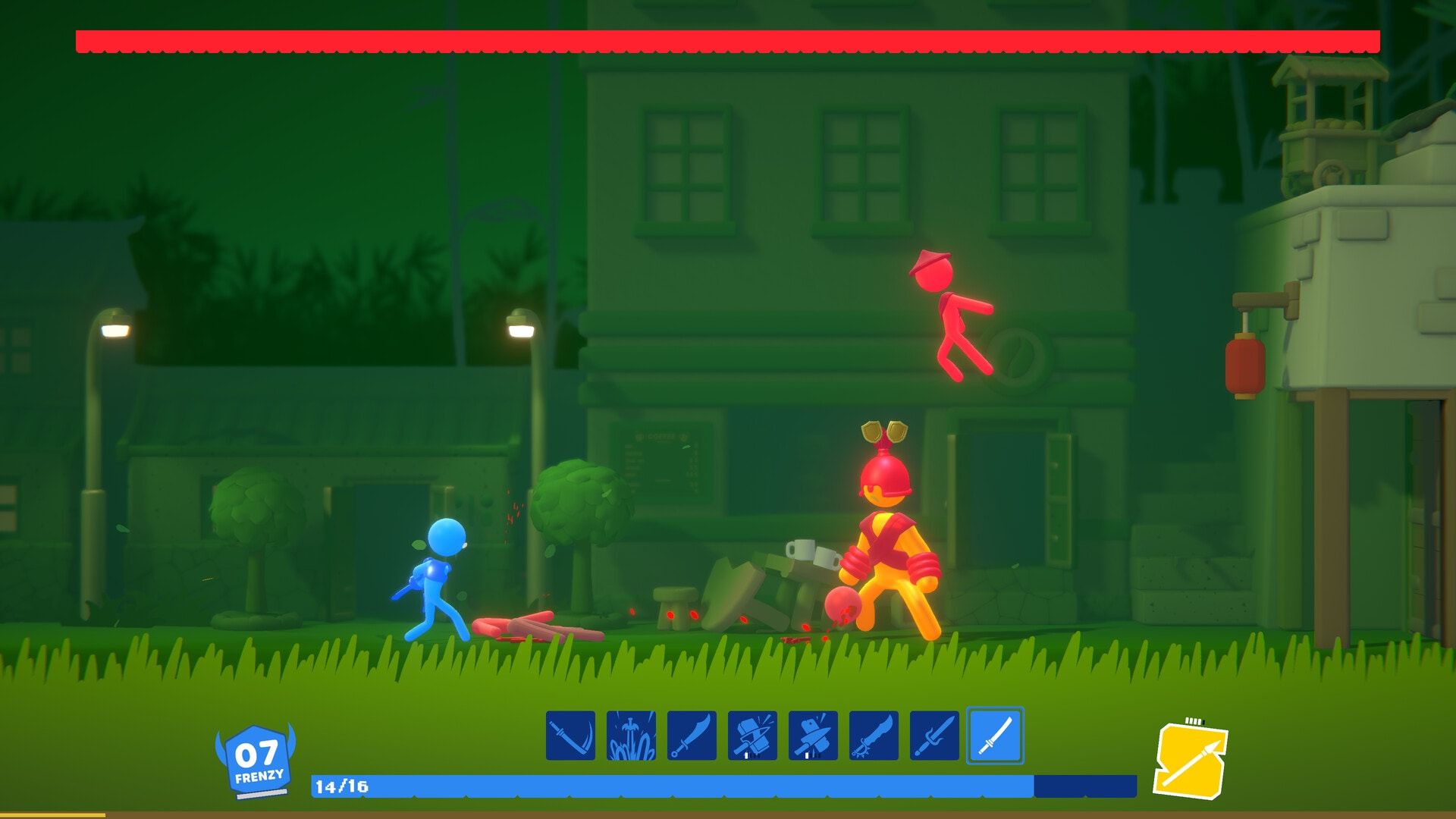 A blue stick figure attacks a red opponent outside a green building.