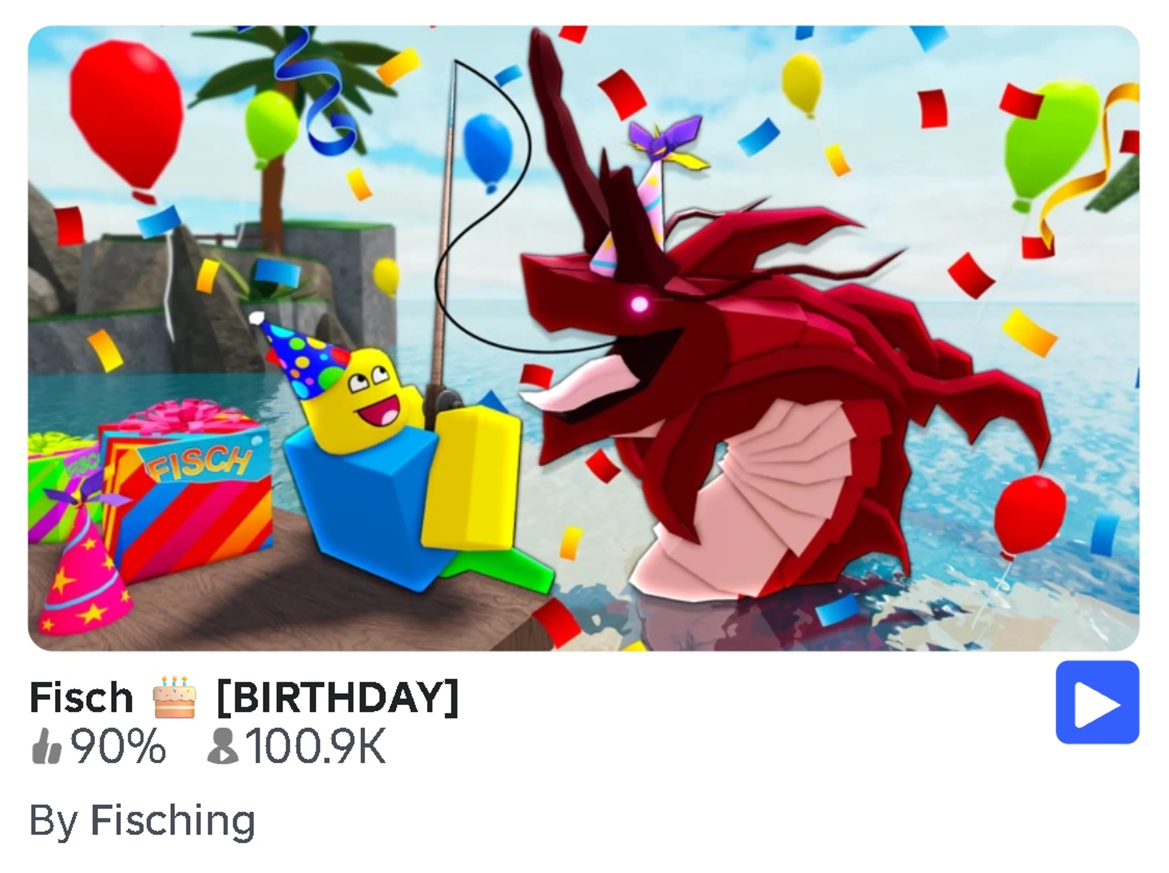 The Fisch birthday result in Roblox search has By Fisching beneath its title and player count.