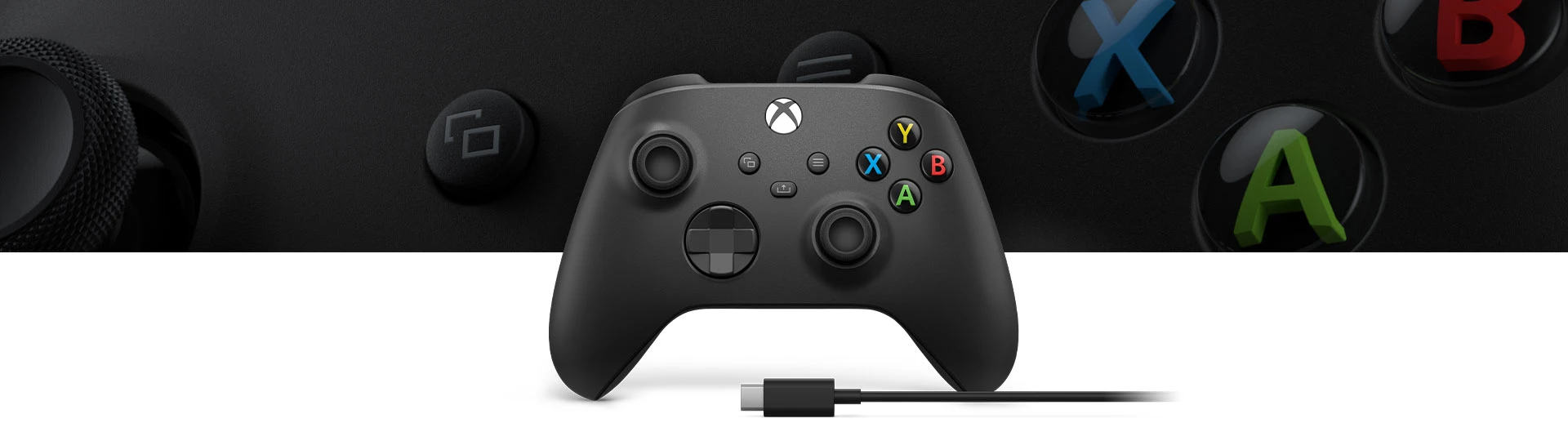 Carbon Black Xbox Wireless Controller and USB-C cable against a close-up of its buttons