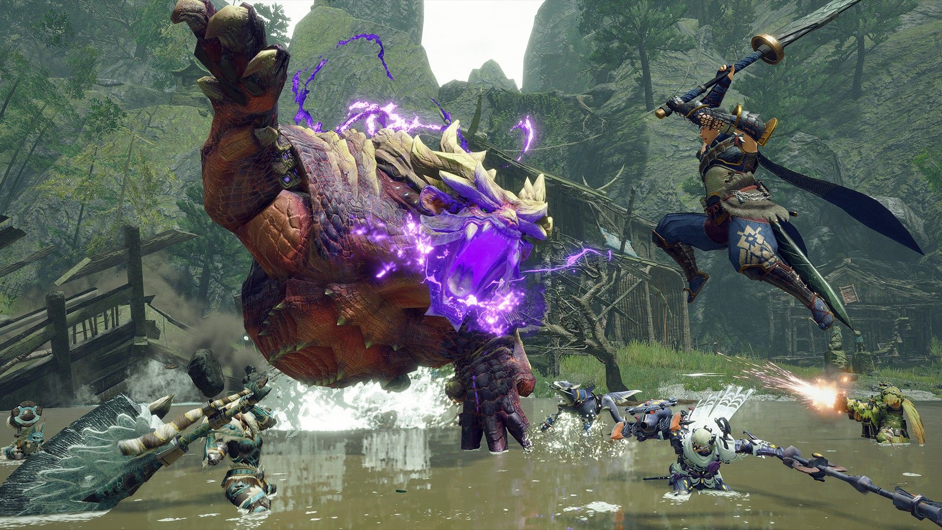 Hunters face a large purple-lit monster in a green valley.