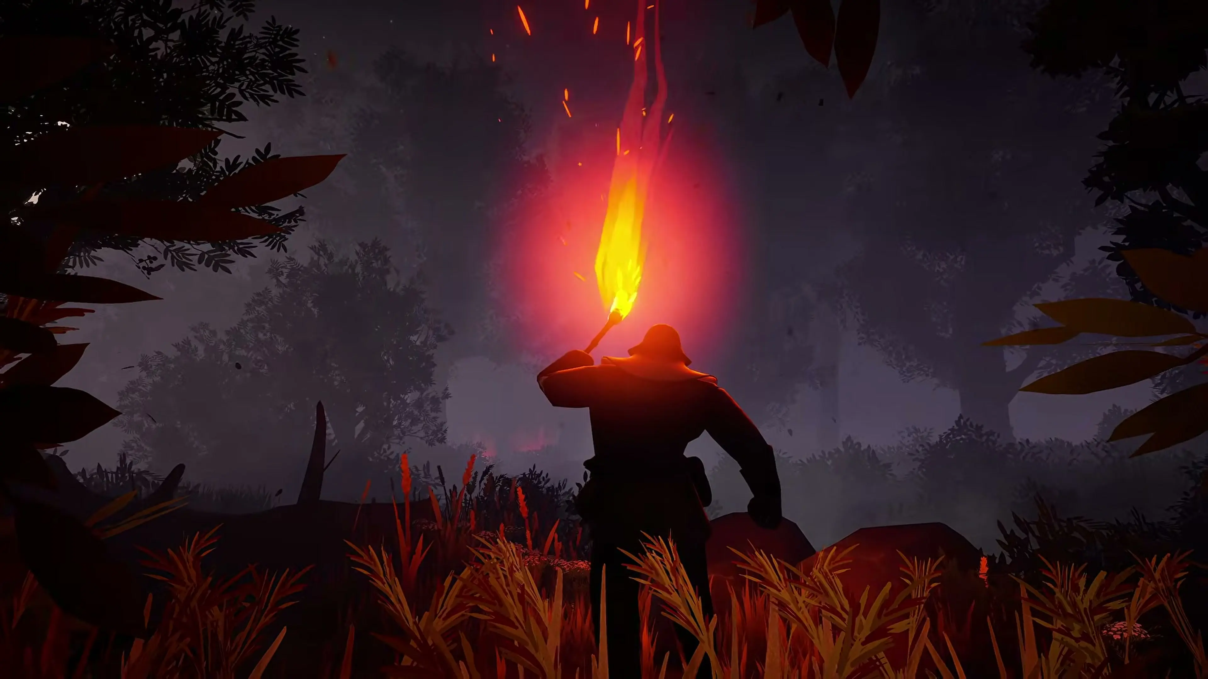 A silhouetted pursuer raises a blazing torch amid red-orange sparks.
