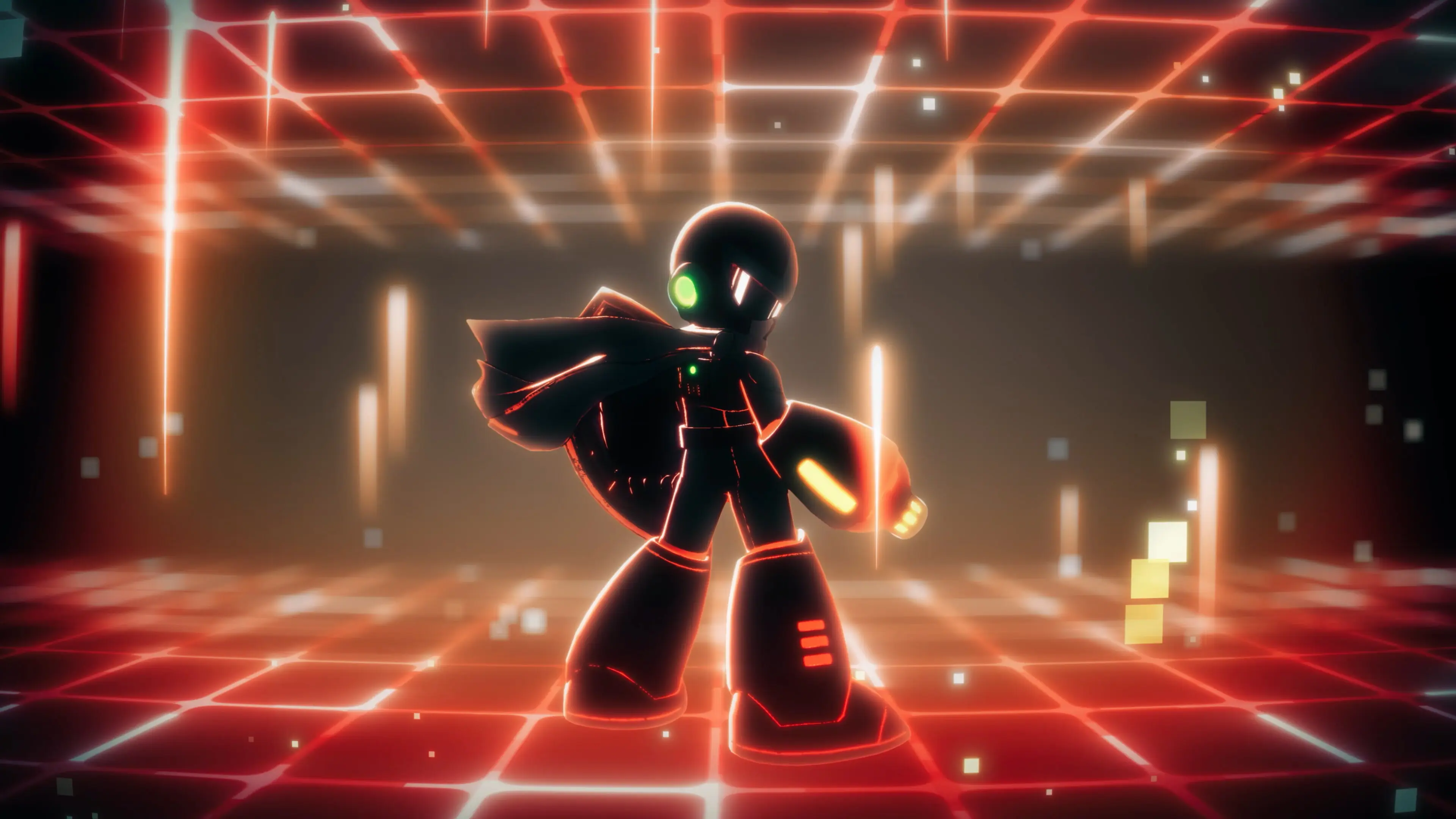 Proto Man stands in a glowing digital arena in Mega Man: Dual Override.