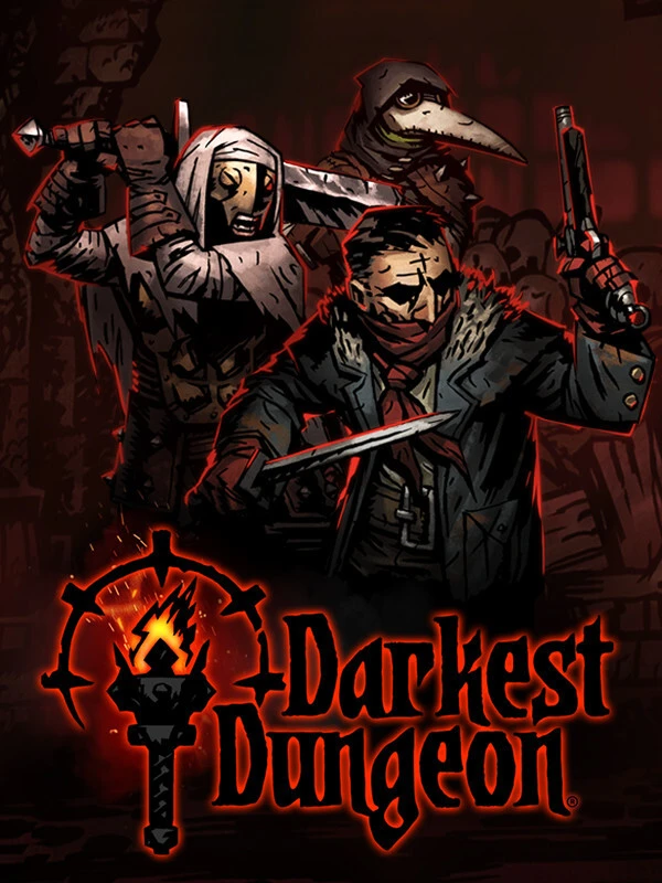 Official Darkest Dungeon cover with adventurers and the native red game logo.