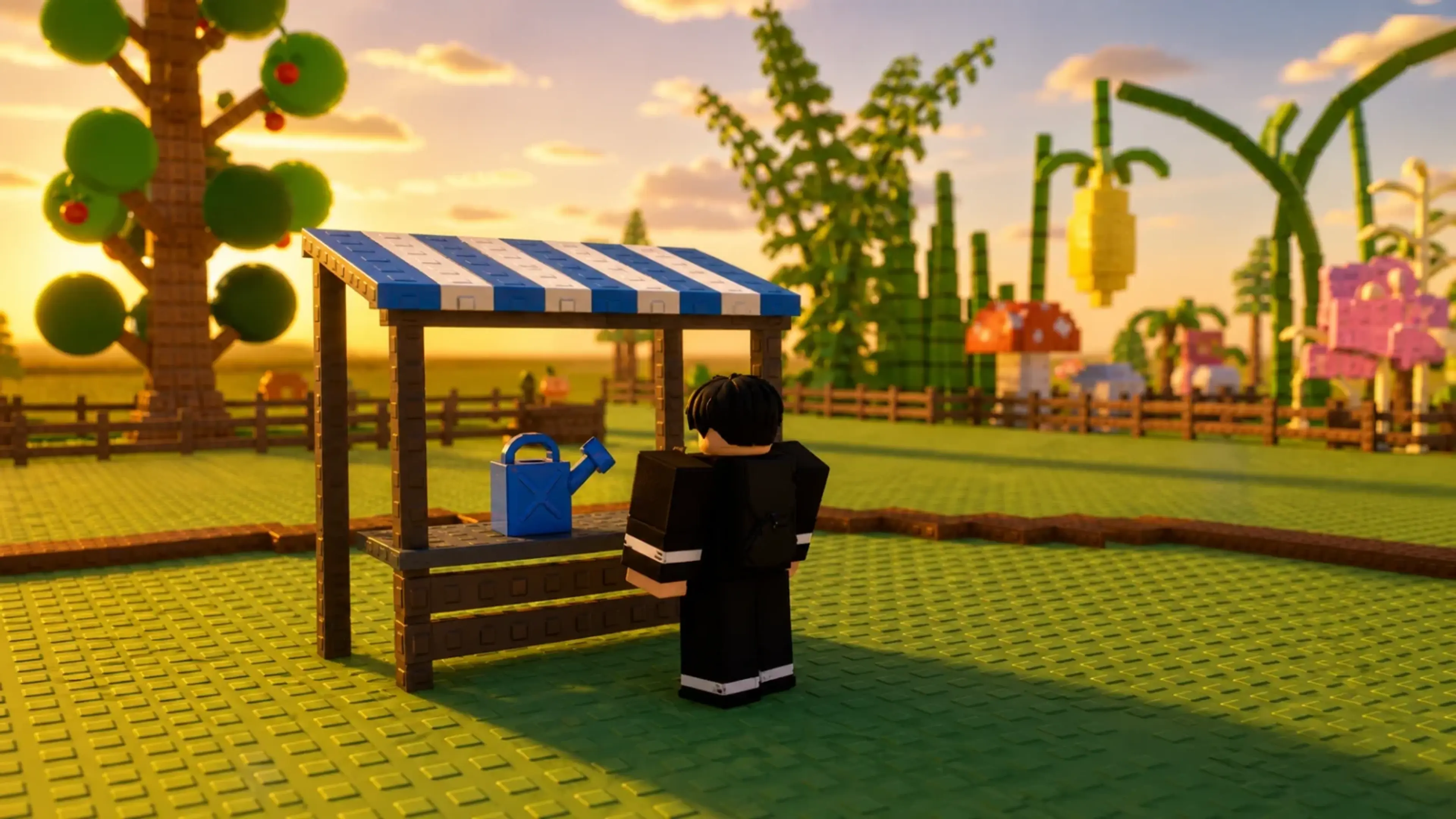A Grow a Garden 2 player standing near the Gear Shop in the central market.