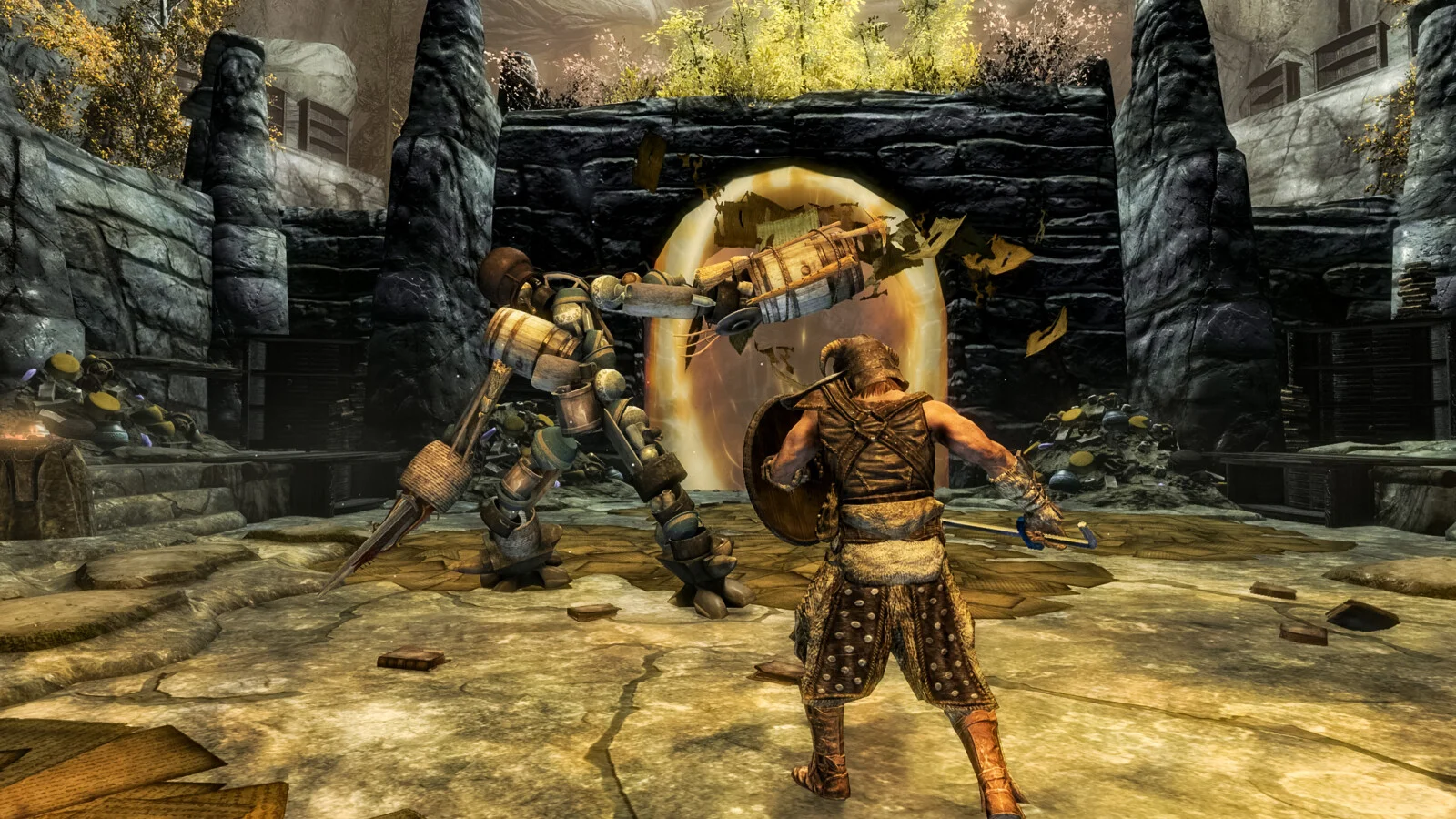 The Dragonborn faces a large clutter-built enemy inside the Agglomerated Archives dungeon.