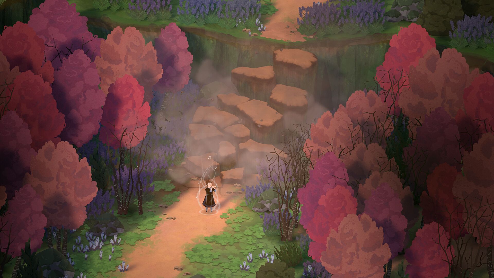 A witch casts a spell on a forest path lined with pink trees.