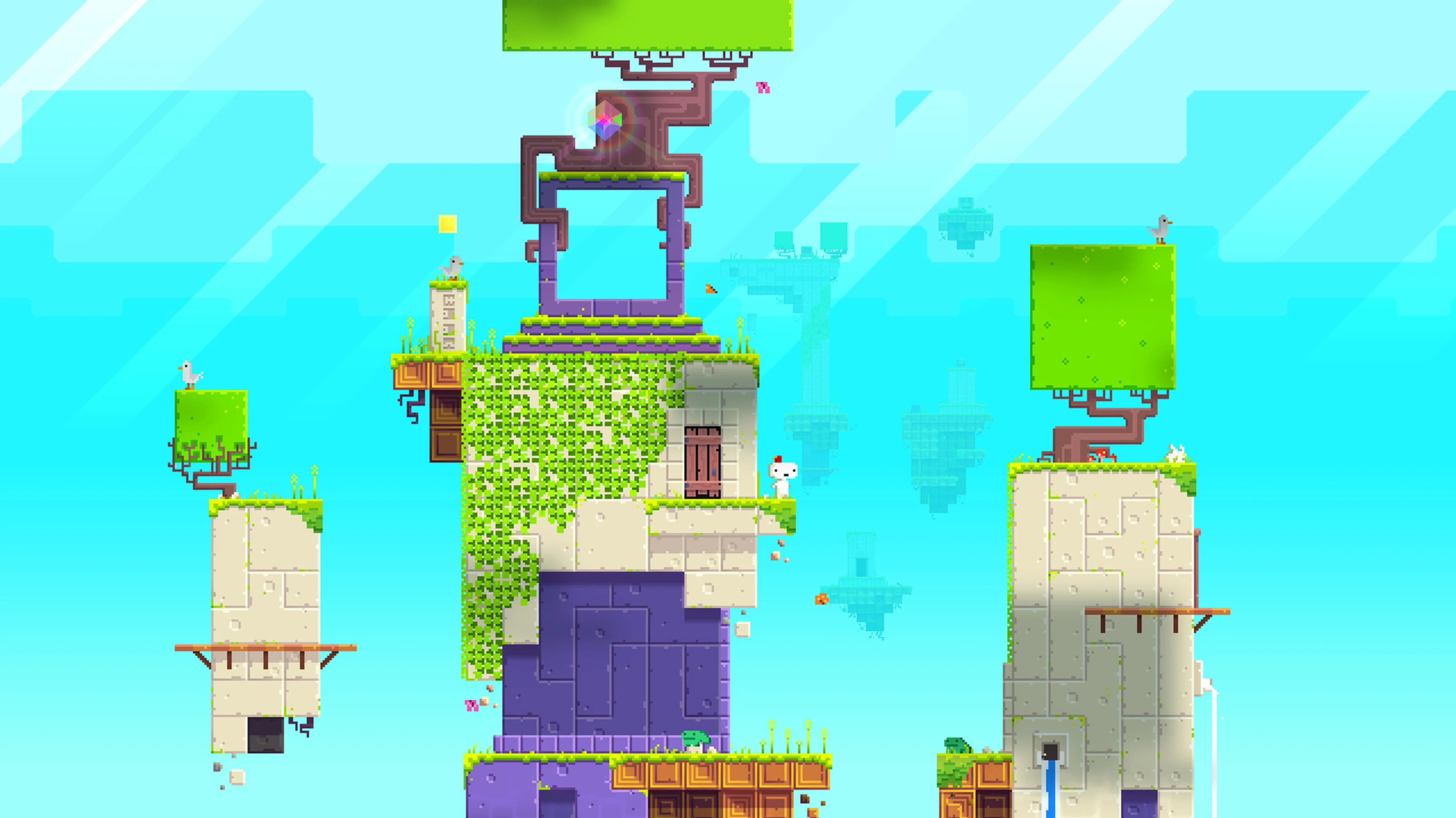 Gomez stands among floating pillars and green platforms in FEZ.