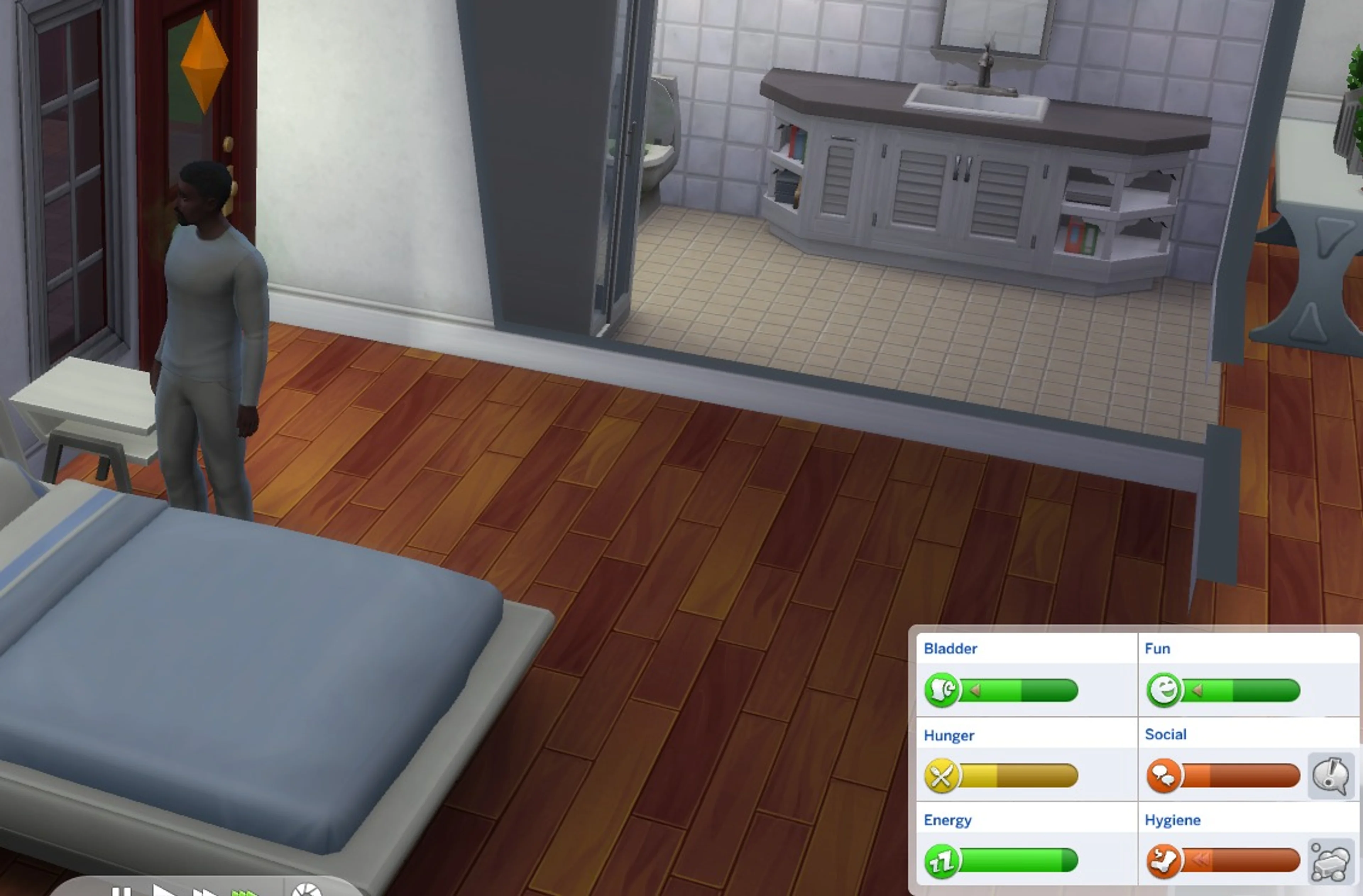 Actual The Sims 4 gameplay screenshot of a Sim next to a bed; a bathroom doorway and toilet are behind him, while the open Needs panel at lower right shows low Hunger, Social and Hygiene.