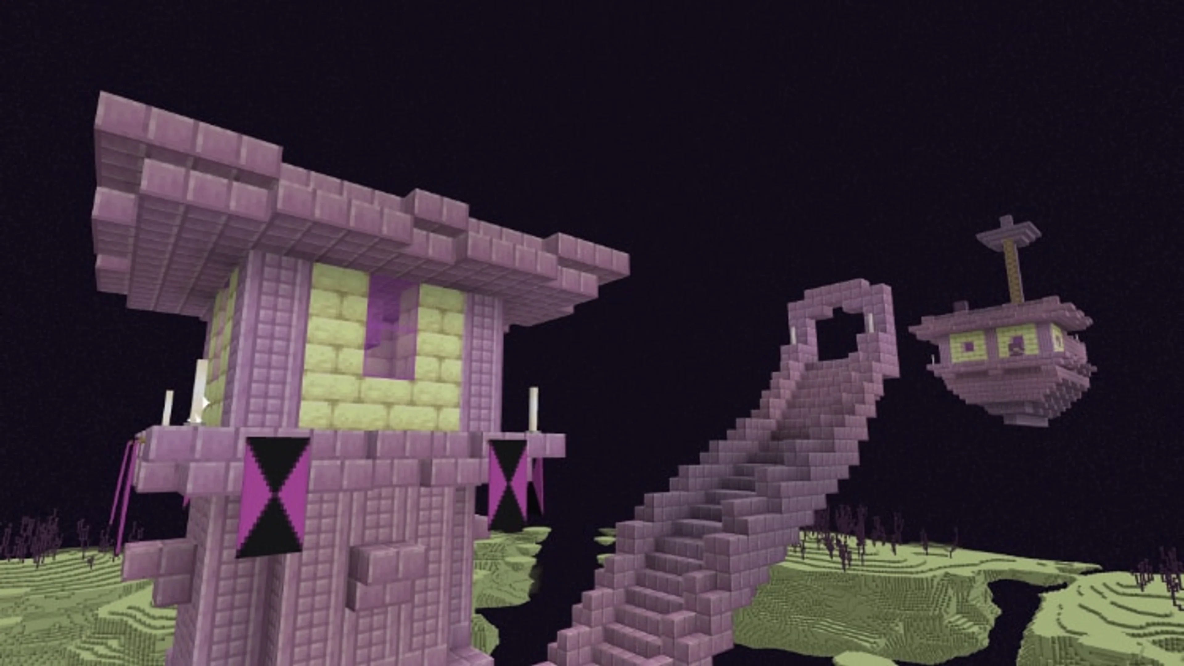 An official Minecraft screenshot of an End city tower with an End ship floating nearby.