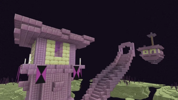 An official Minecraft screenshot of an End city tower with an End ship floating nearby.