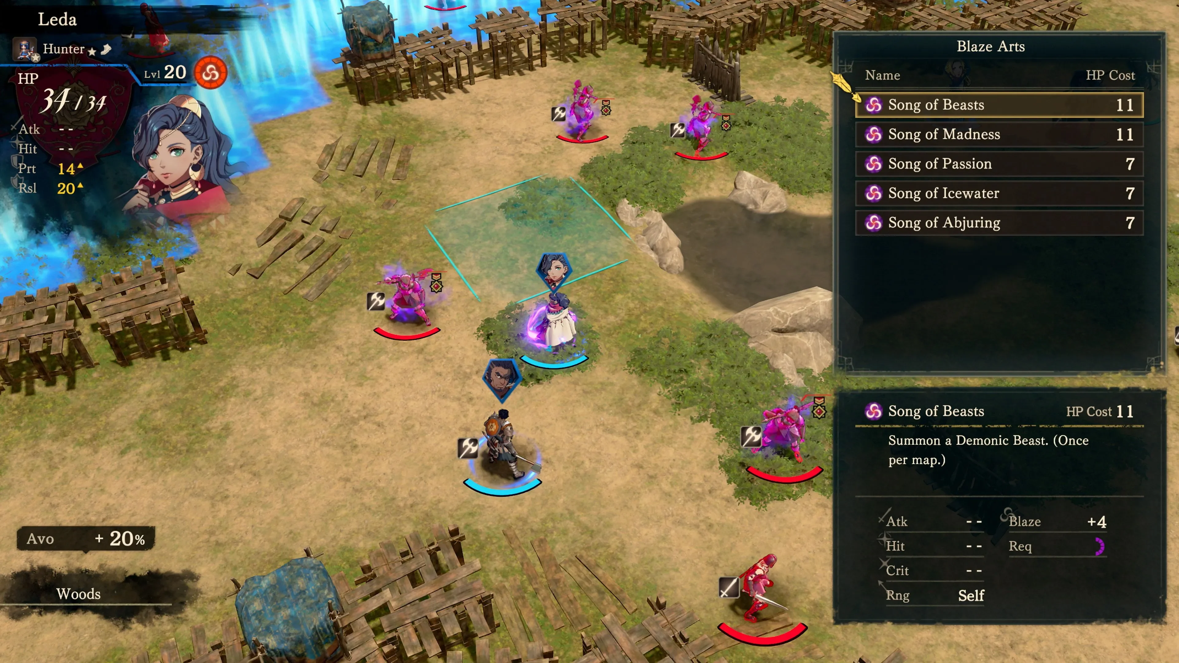 Leda’s Blaze Arts menu lists Song of Beasts and an eleven-point health cost.