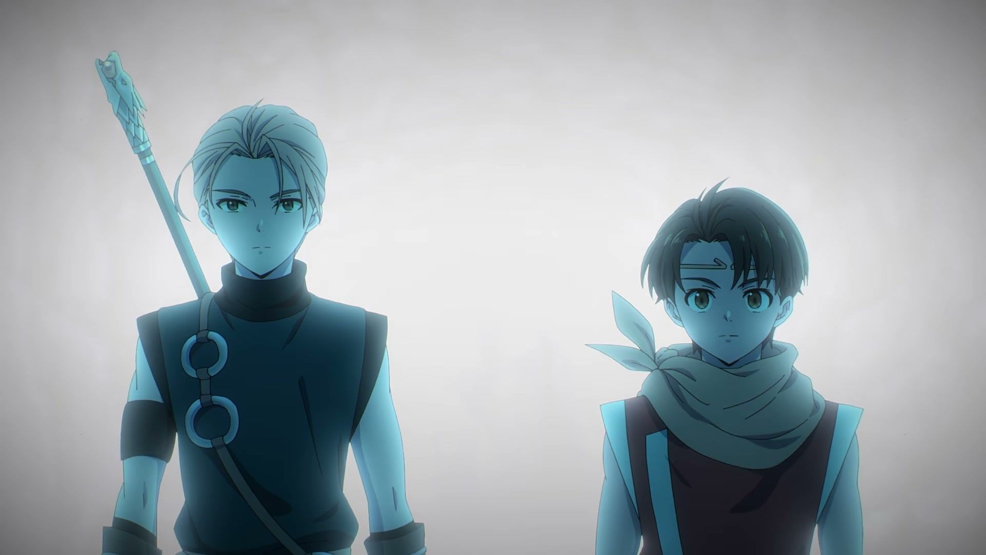 Two young friends stand together against a pale backdrop in Suikoden: The Anime.