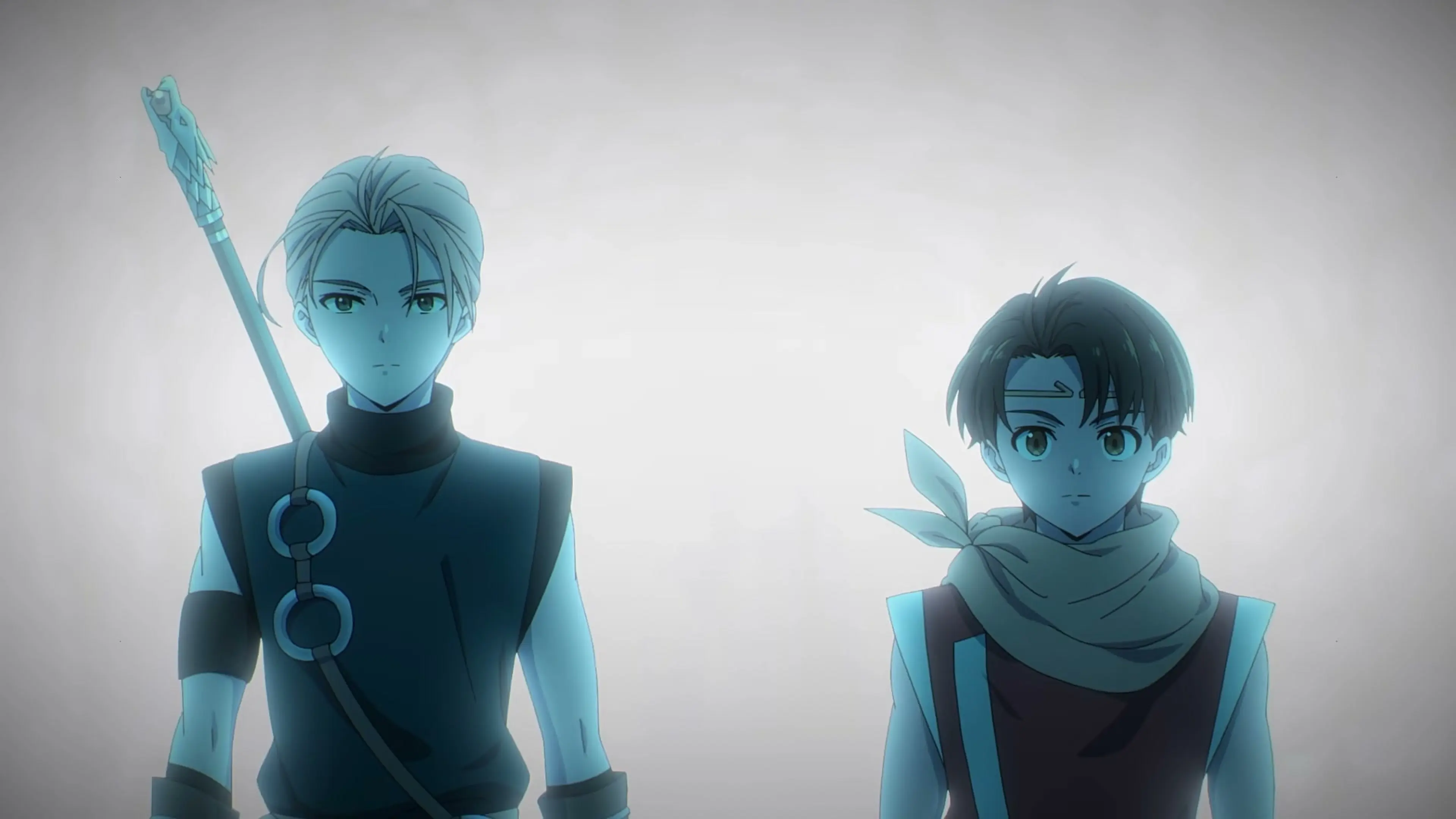 Two young friends stand together against a pale backdrop in Suikoden: The Anime.