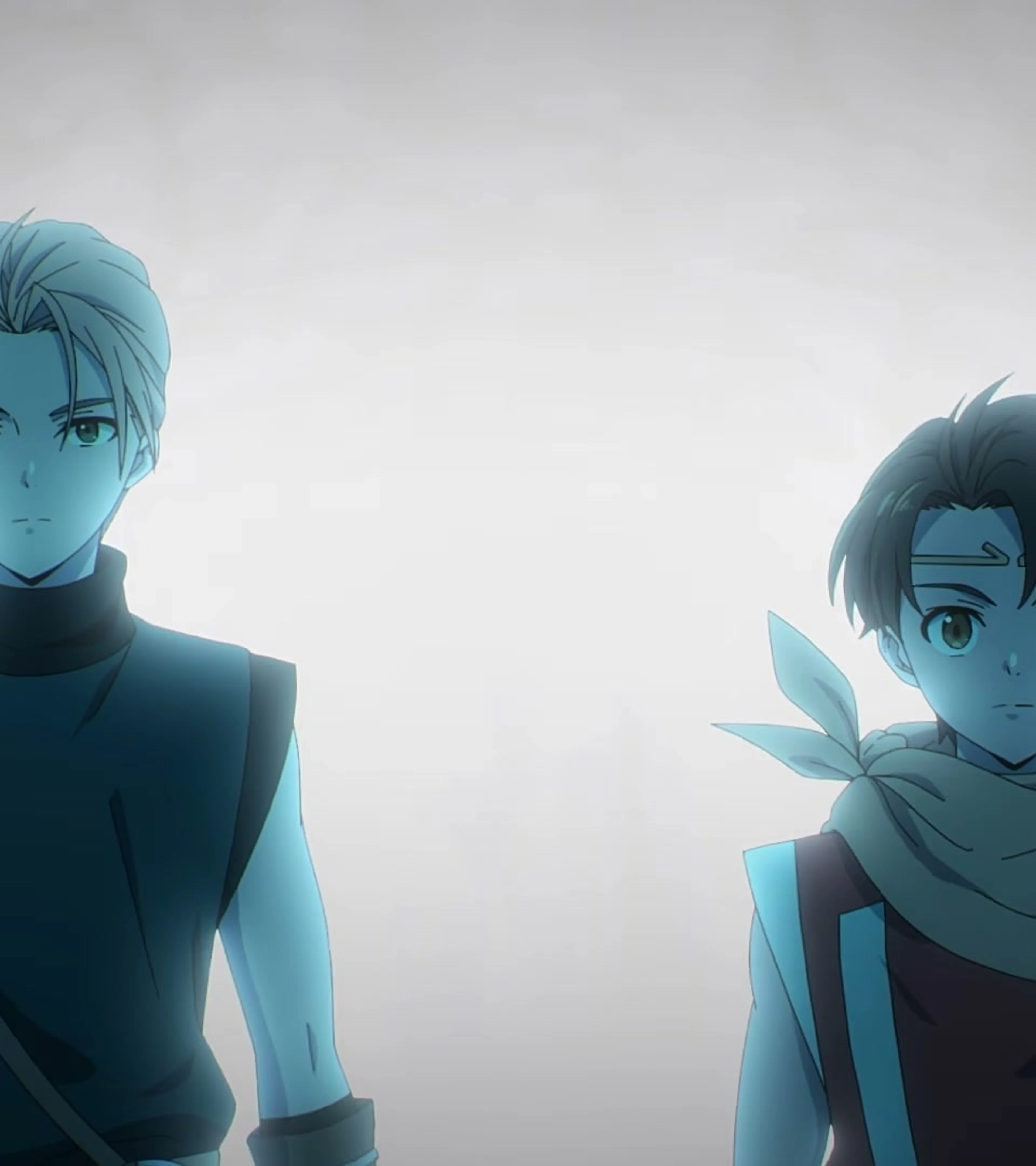 Two young friends stand together against a pale backdrop in Suikoden: The Anime.