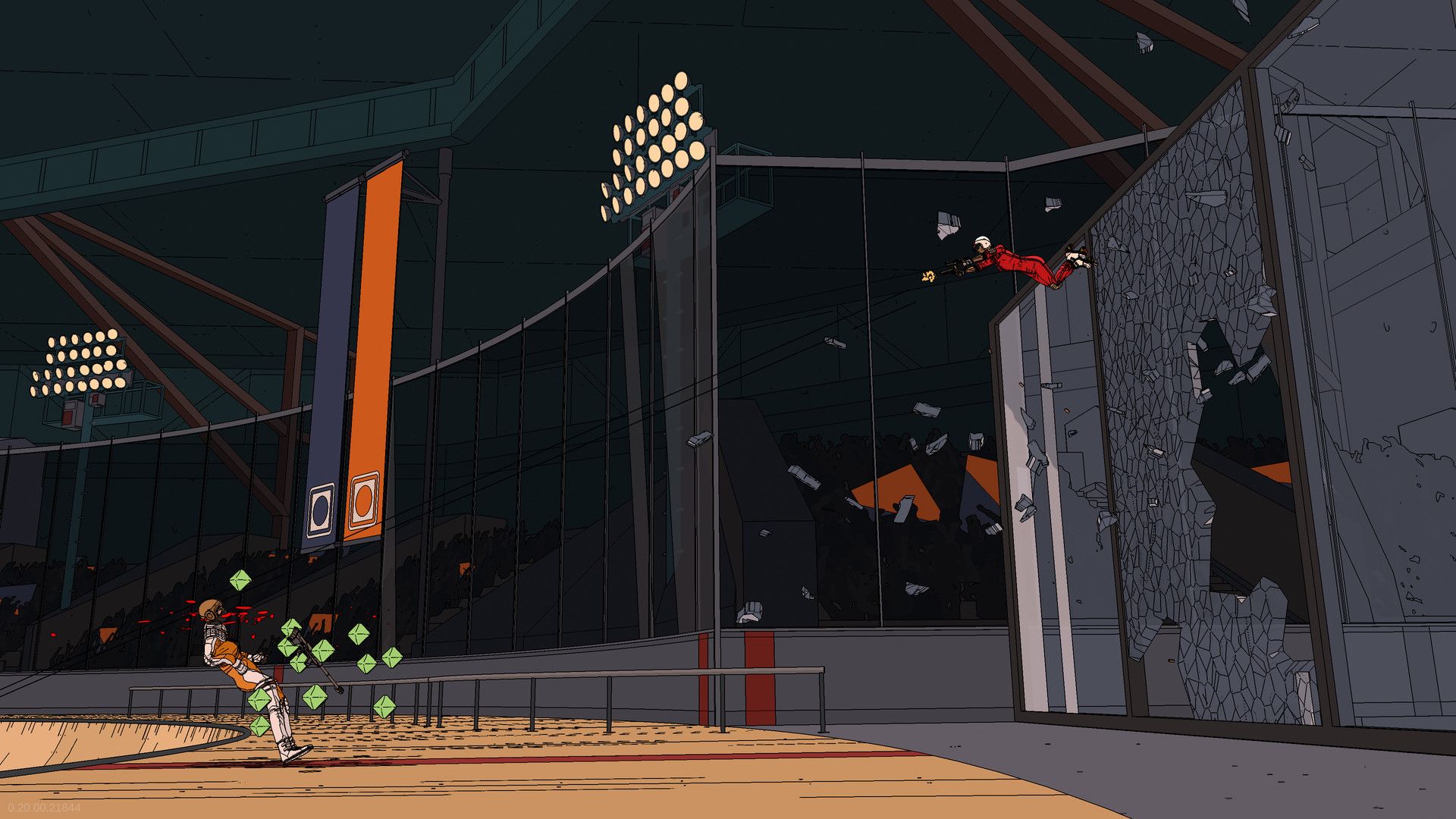 A skater fires while airborne above an opponent in a large indoor arena.