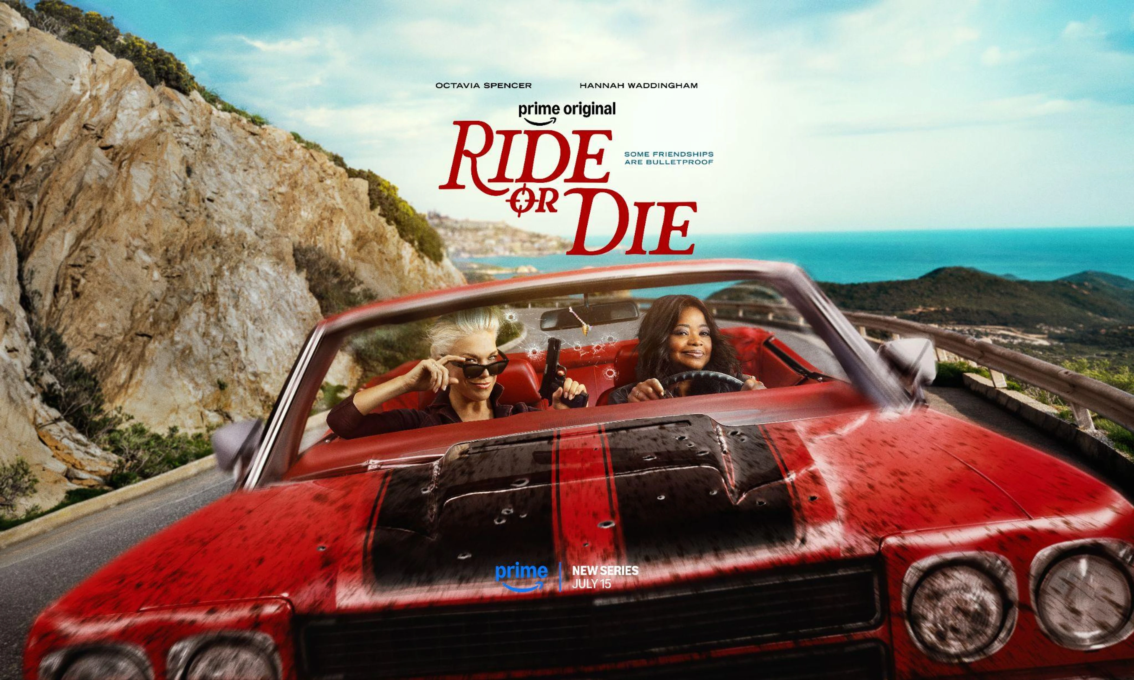 Octavia Spencer and Hannah Waddingham drive a damaged red convertible in Ride or Die key art.