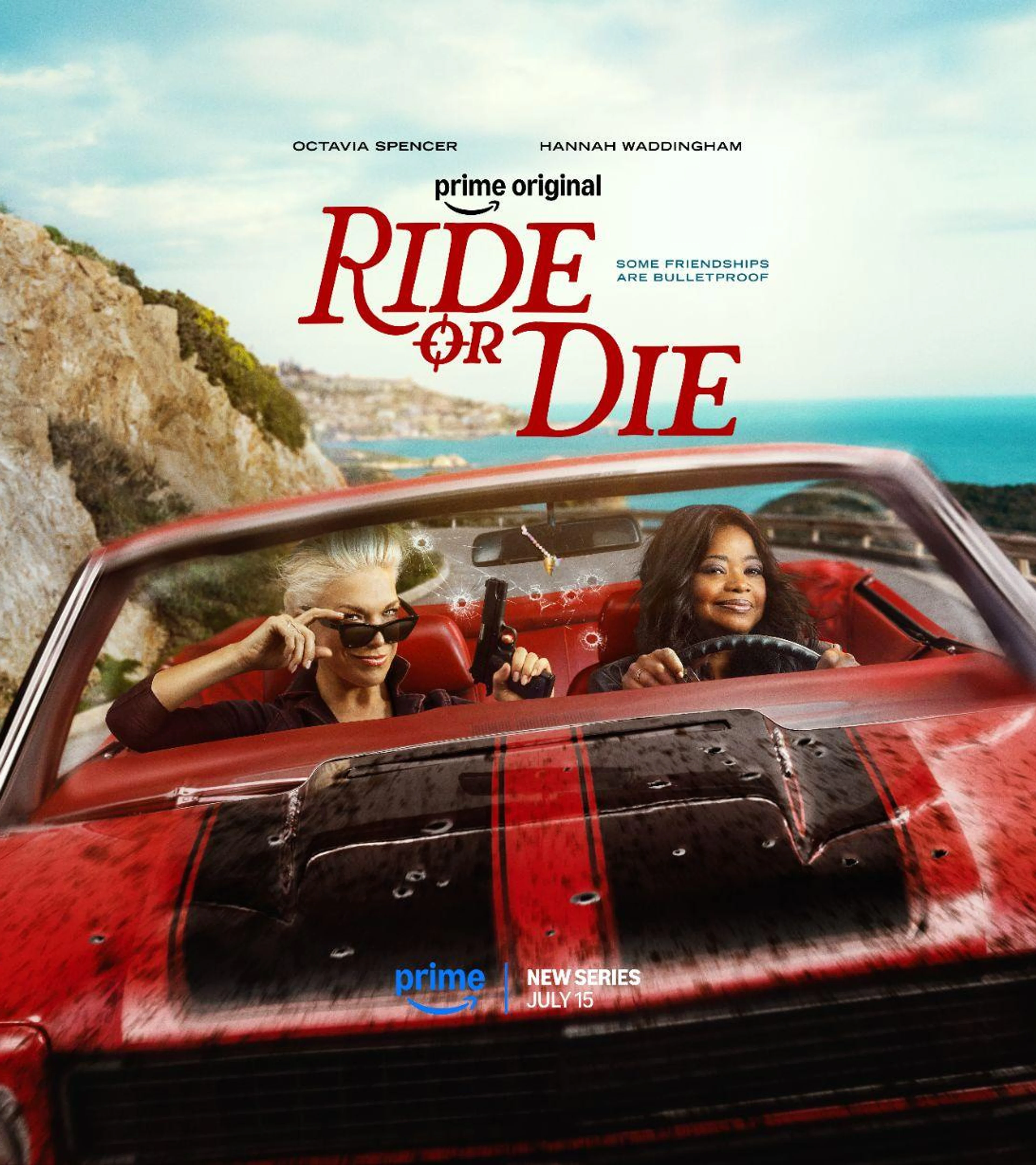 Octavia Spencer and Hannah Waddingham drive a damaged red convertible in Ride or Die key art.
