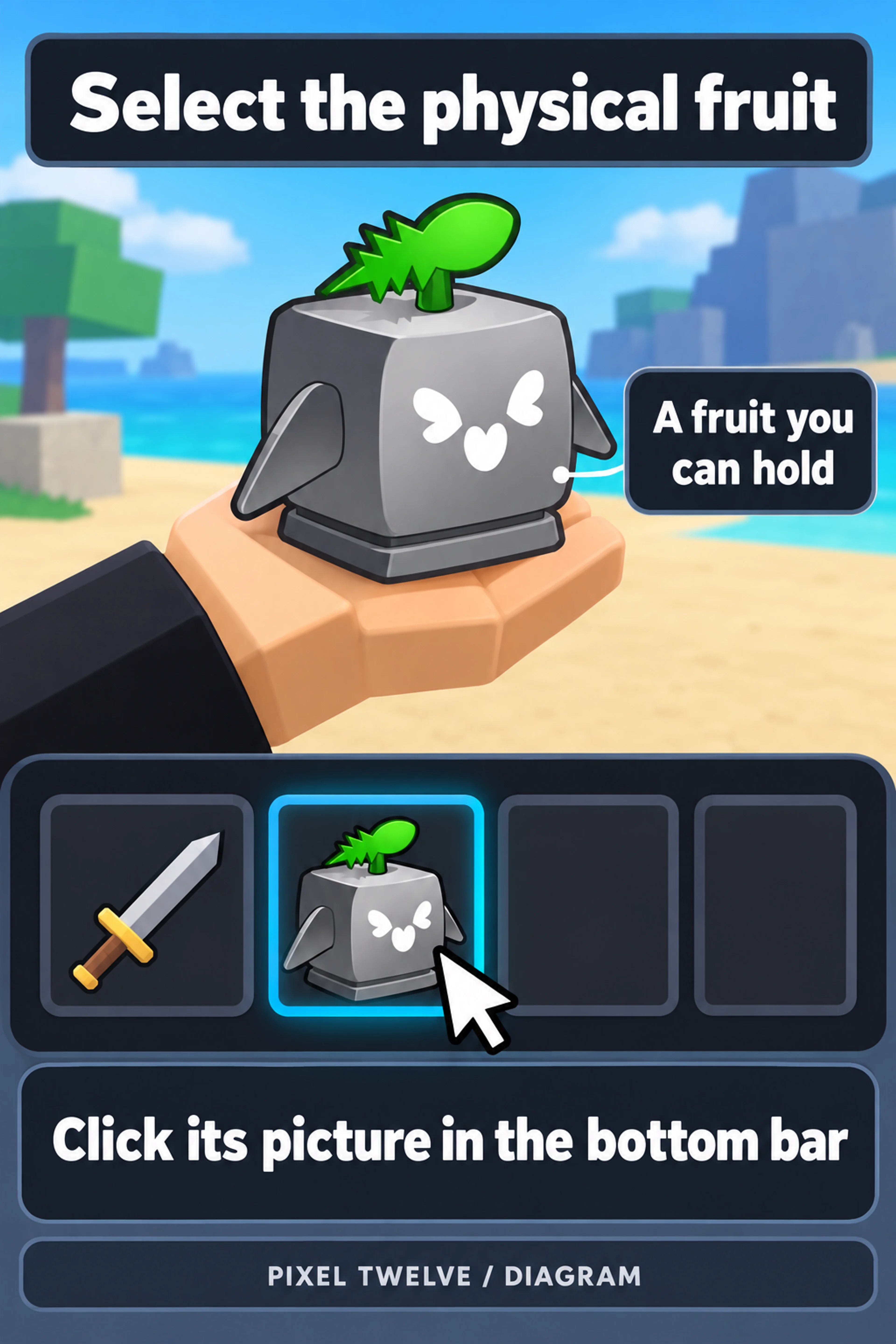 Original Pixel Twelve diagram showing the gray Rocket physical fruit in a blocky hand and its selected picture in the bottom hotbar.
