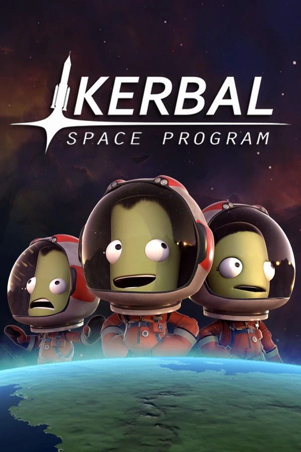 Official Kerbal Space Program vertical cover with three helmeted green Kerbals above their planet and the native logo.