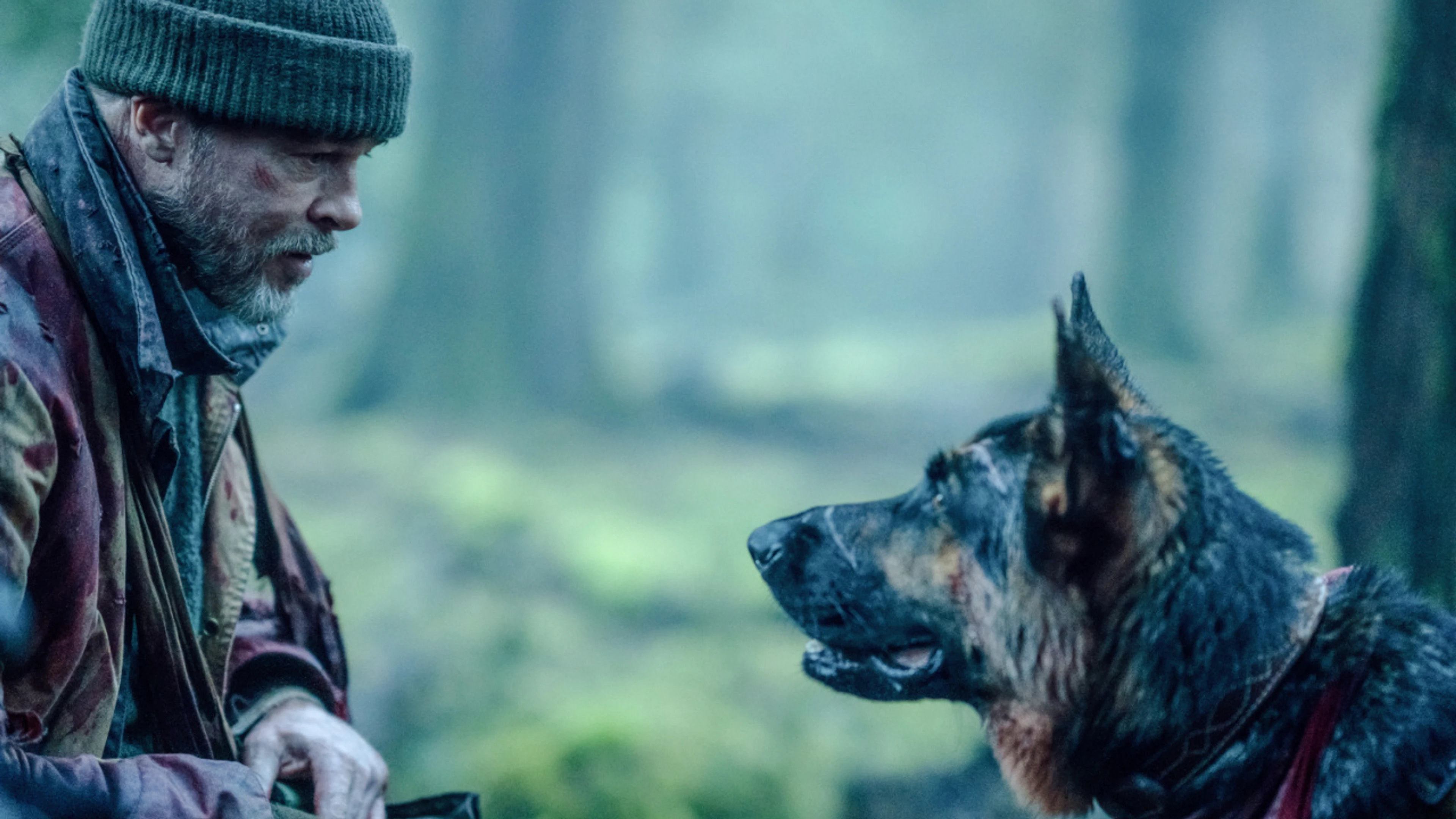 James Belmont and Odin look at each other in a forest.