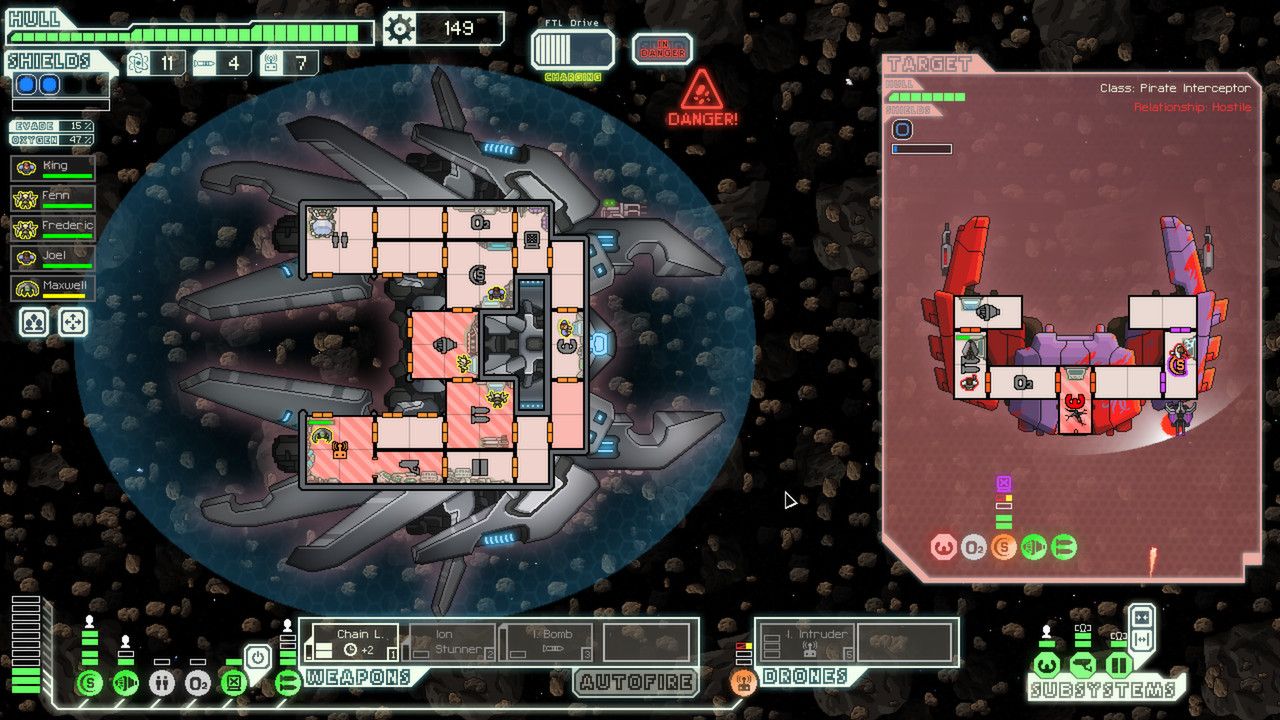 FTL ship and enemy target in an asteroid field with a red Danger warning.
