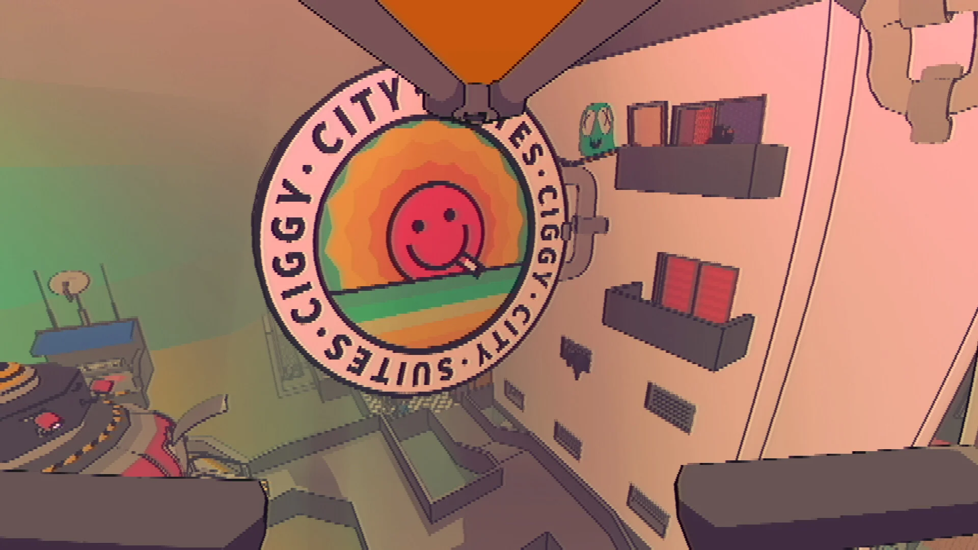 A giant smiling Ciggy City sign hangs over a pink industrial skyline in SLUDGE LIFE 2.