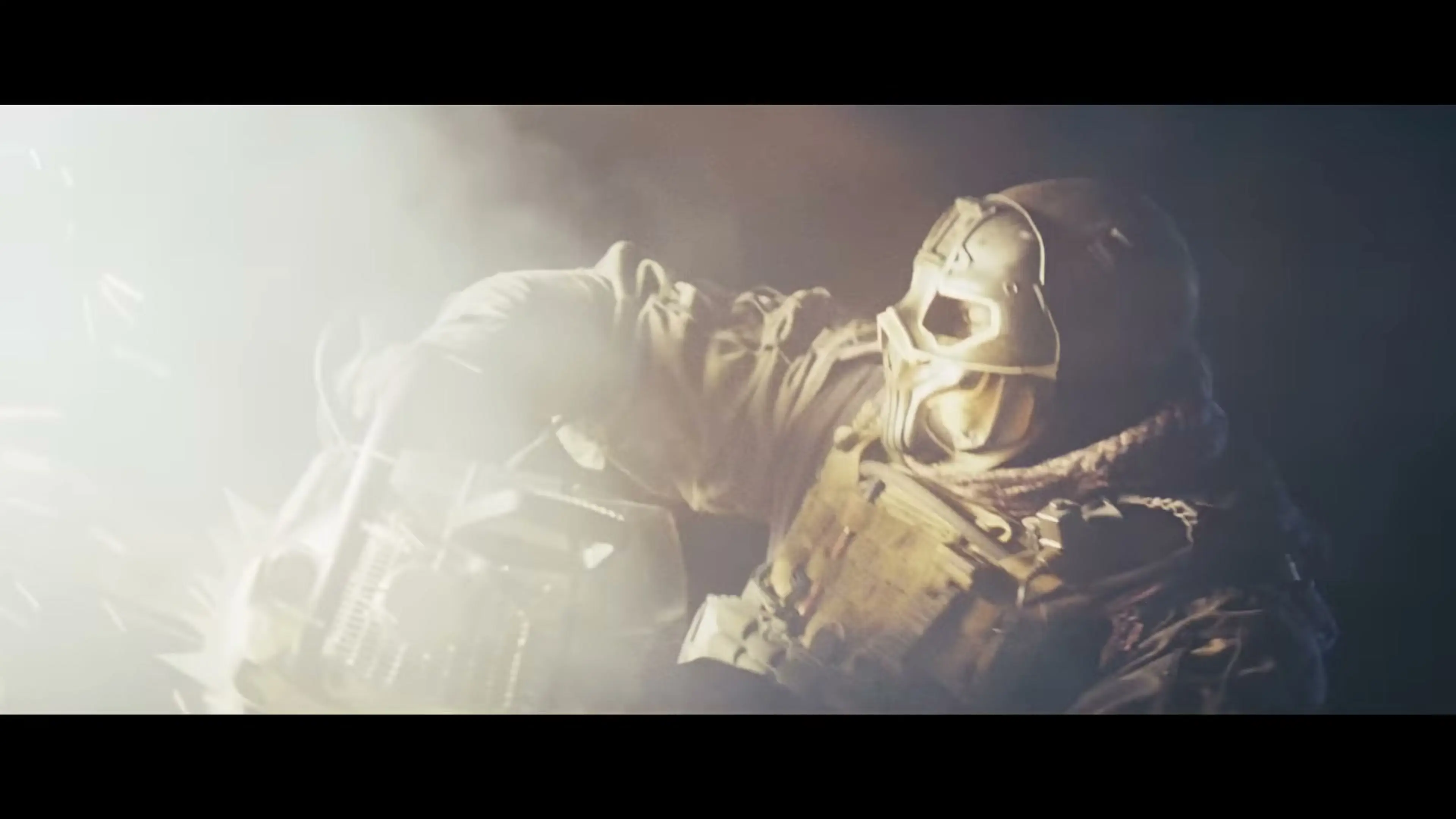 A masked super soldier fires a weapon at night in Onslaught.