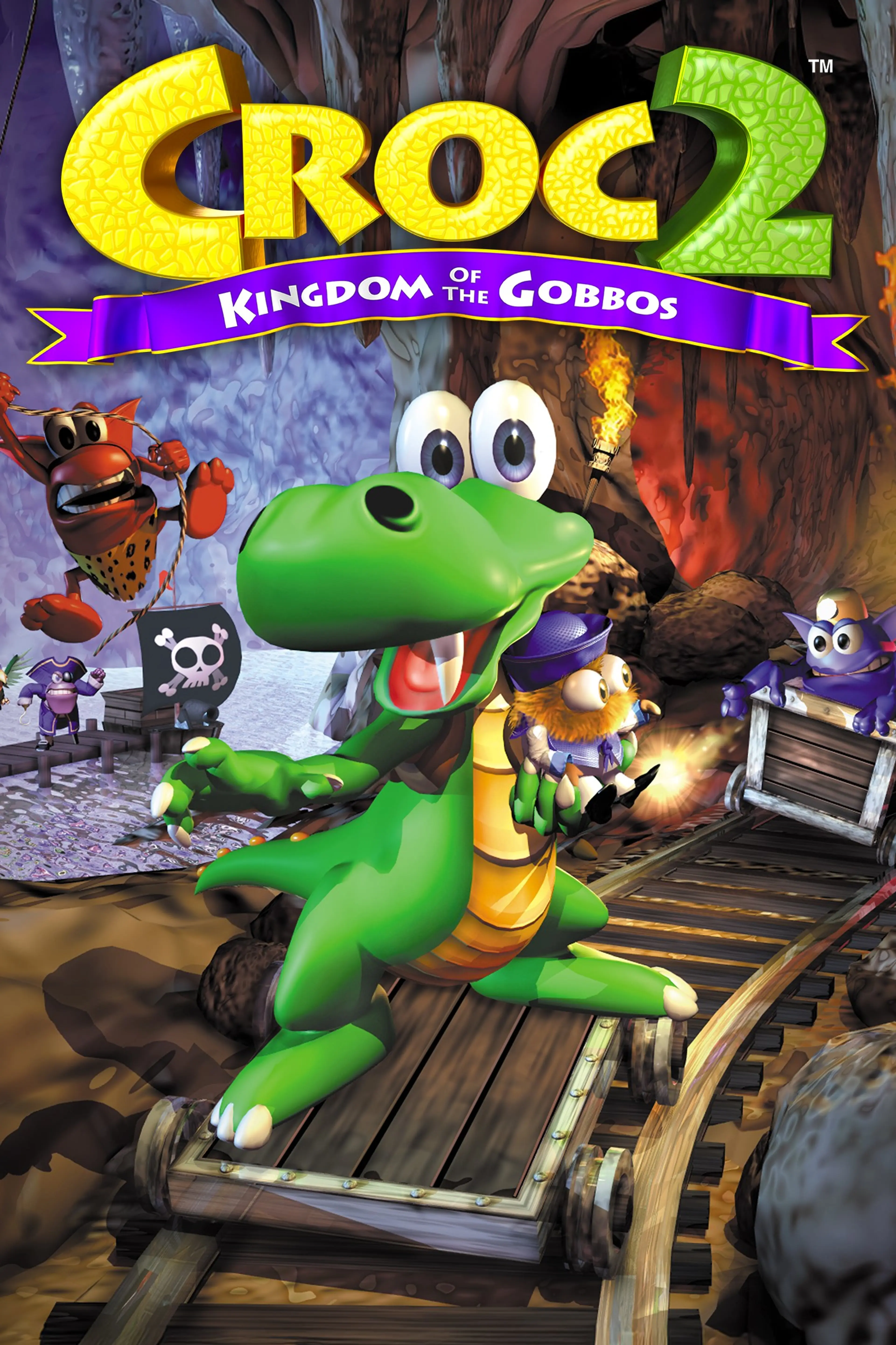 Official Croc 2 Kingdom of the Gobbos cover showing Croc on a minecart track beneath the title.