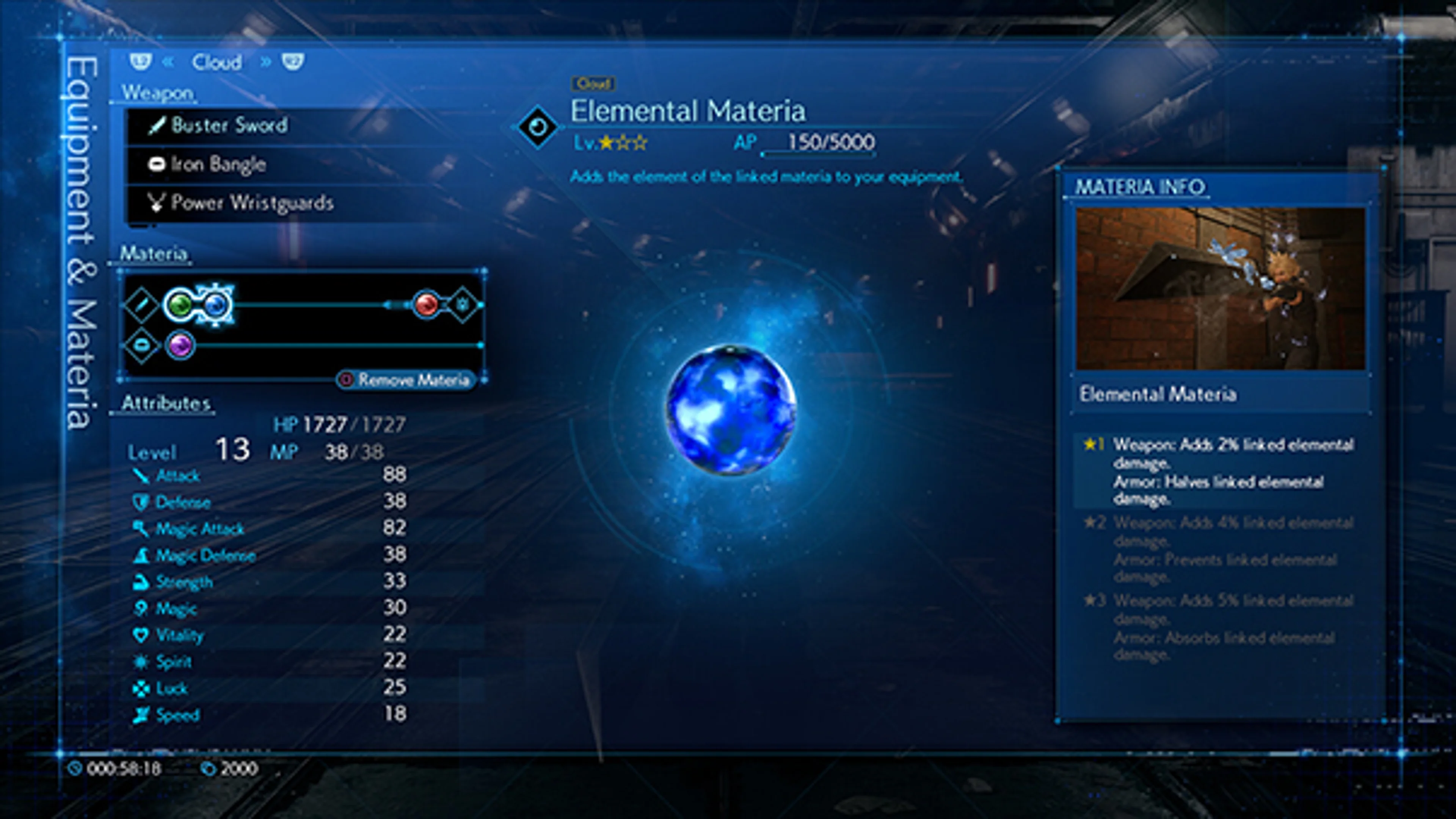 Square Enix Materia & Equipment screenshot: Cloud’s Buster Sword and Iron Bangle are listed at upper left, linked colored Materia slots are below, and Elemental Materia information is on the right.