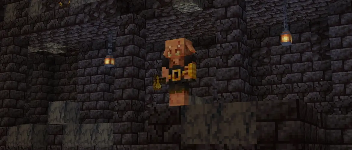 A piglin brute holding an axe inside the blackstone halls of a Minecraft Bastion Remnant.