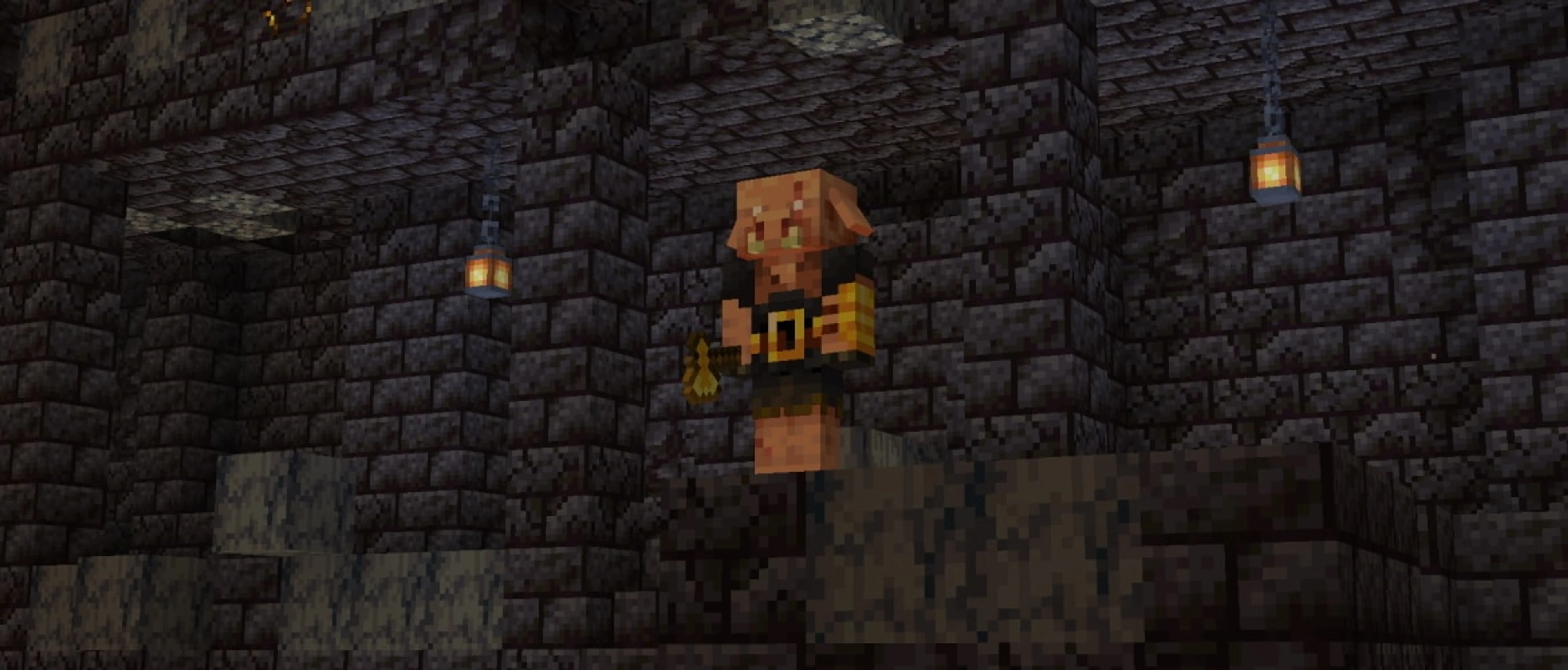 A piglin brute holding an axe inside the blackstone halls of a Minecraft Bastion Remnant.