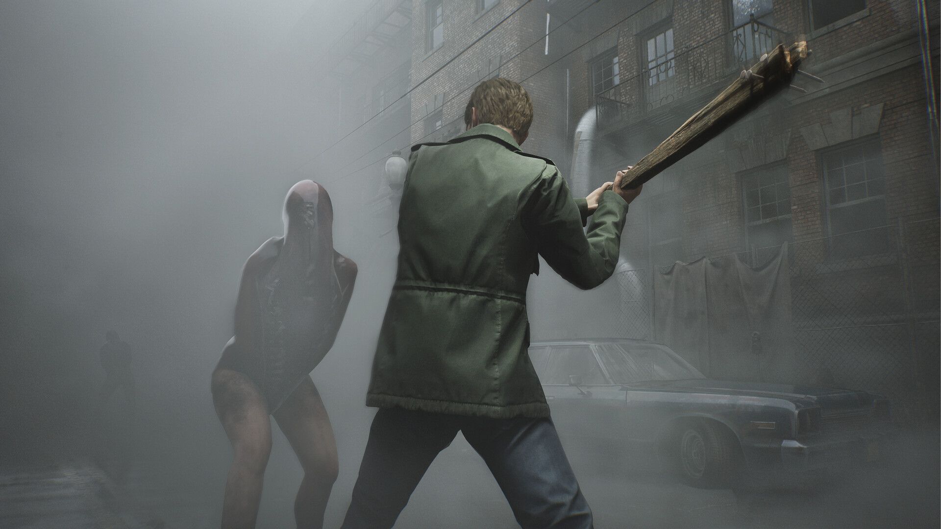 James raises a weapon toward a creature on a foggy street.