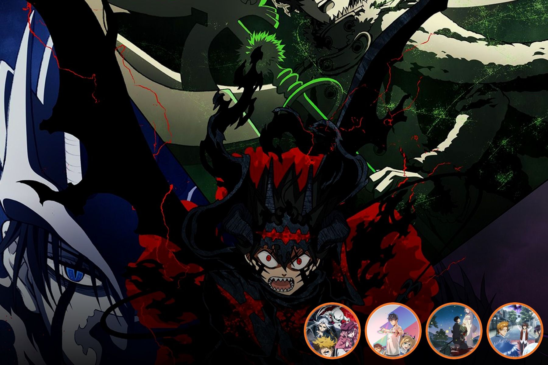 Black Clover Season 2 key art fills the frame beside circular previews of The Vermilion Mask, Overgeared, Firefly Wedding, and PSYREN.
