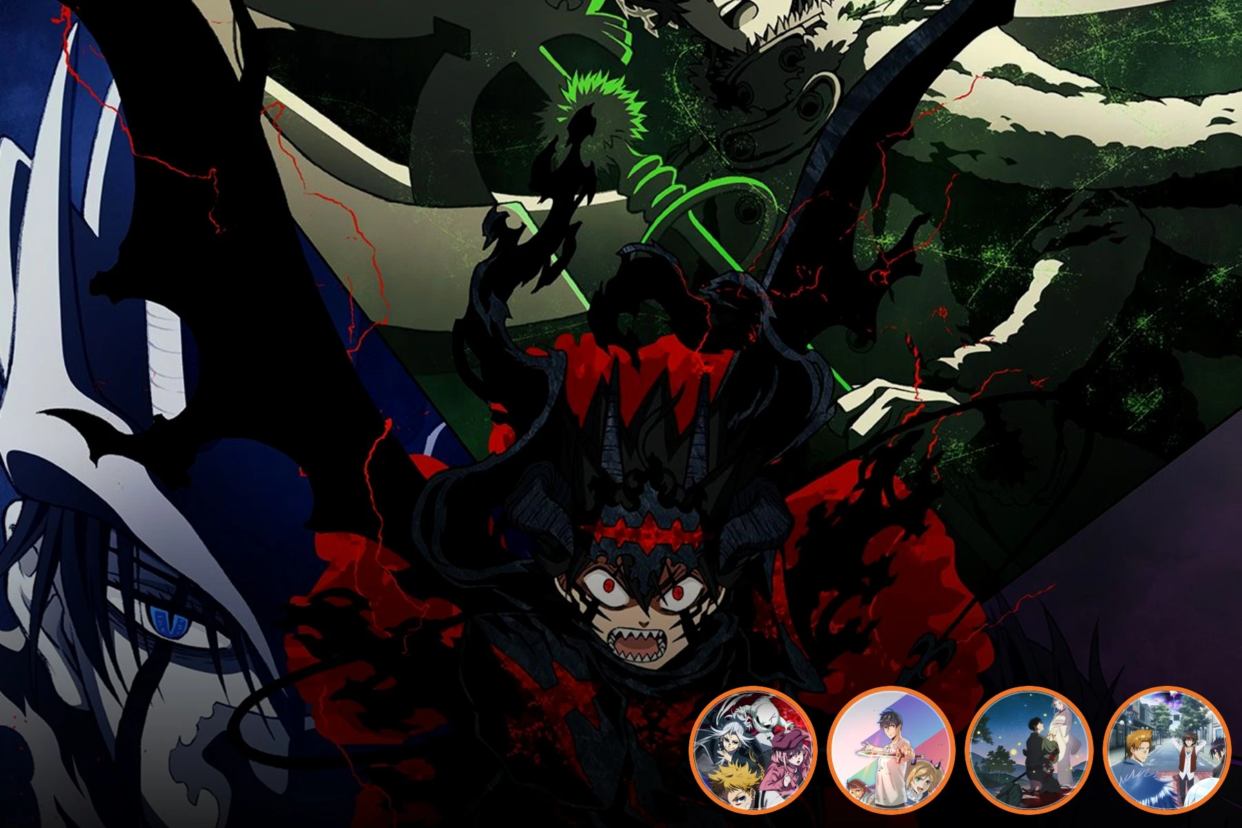 Black Clover Season 2 key art fills the frame beside circular previews of The Vermilion Mask, Overgeared, Firefly Wedding, and PSYREN.