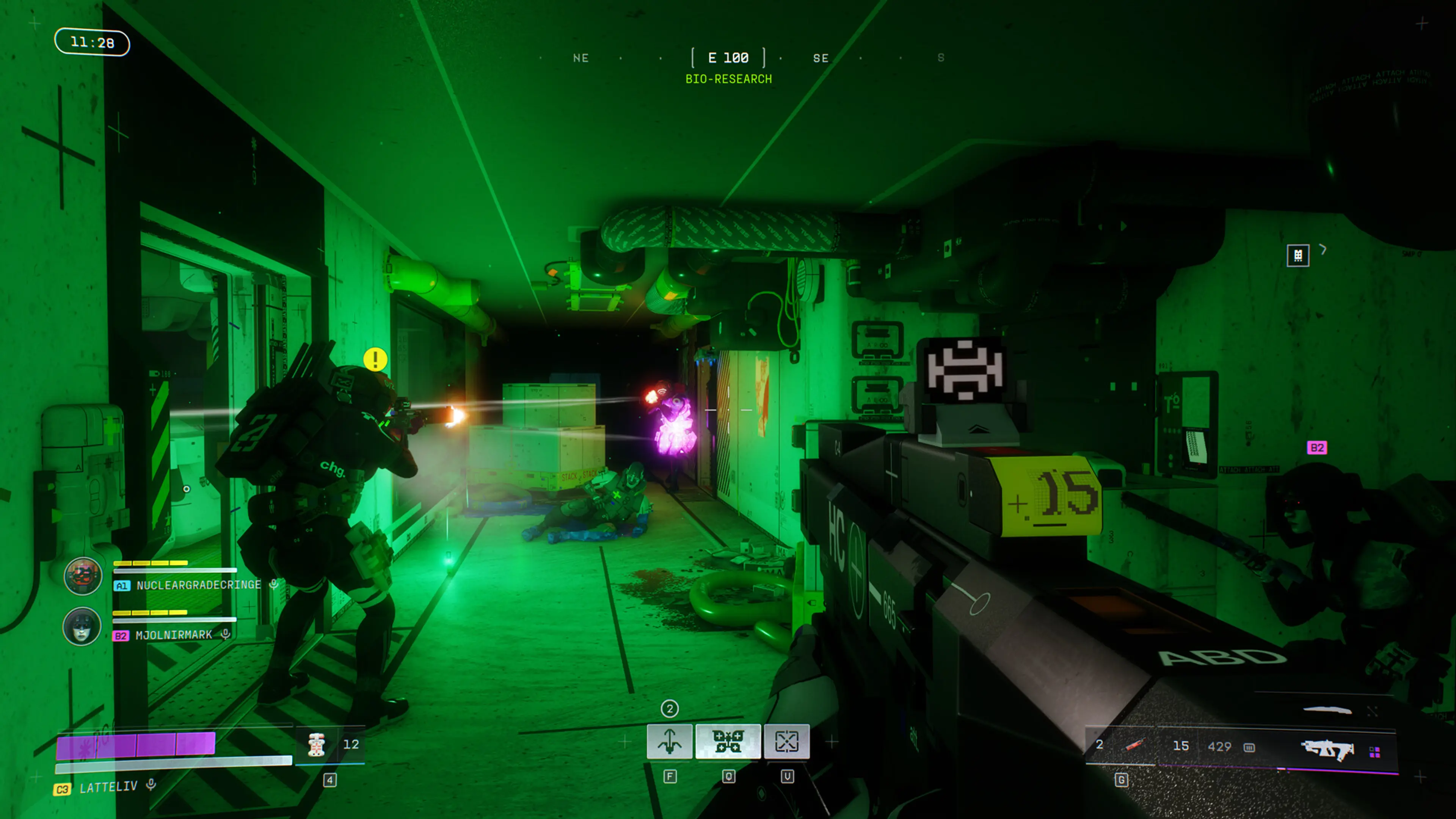 A Marathon Runner and teammate fight through a green-lit research facility.