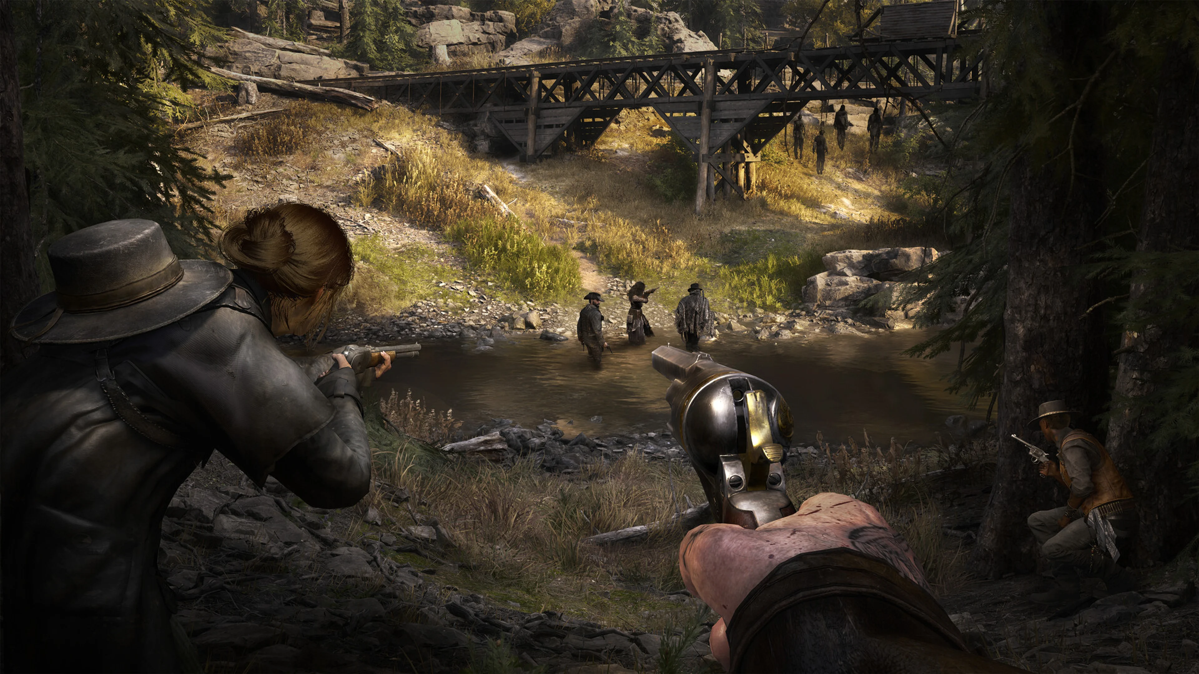 Three Hunters confront enemies in a creek in Hunt Showdown 1896.