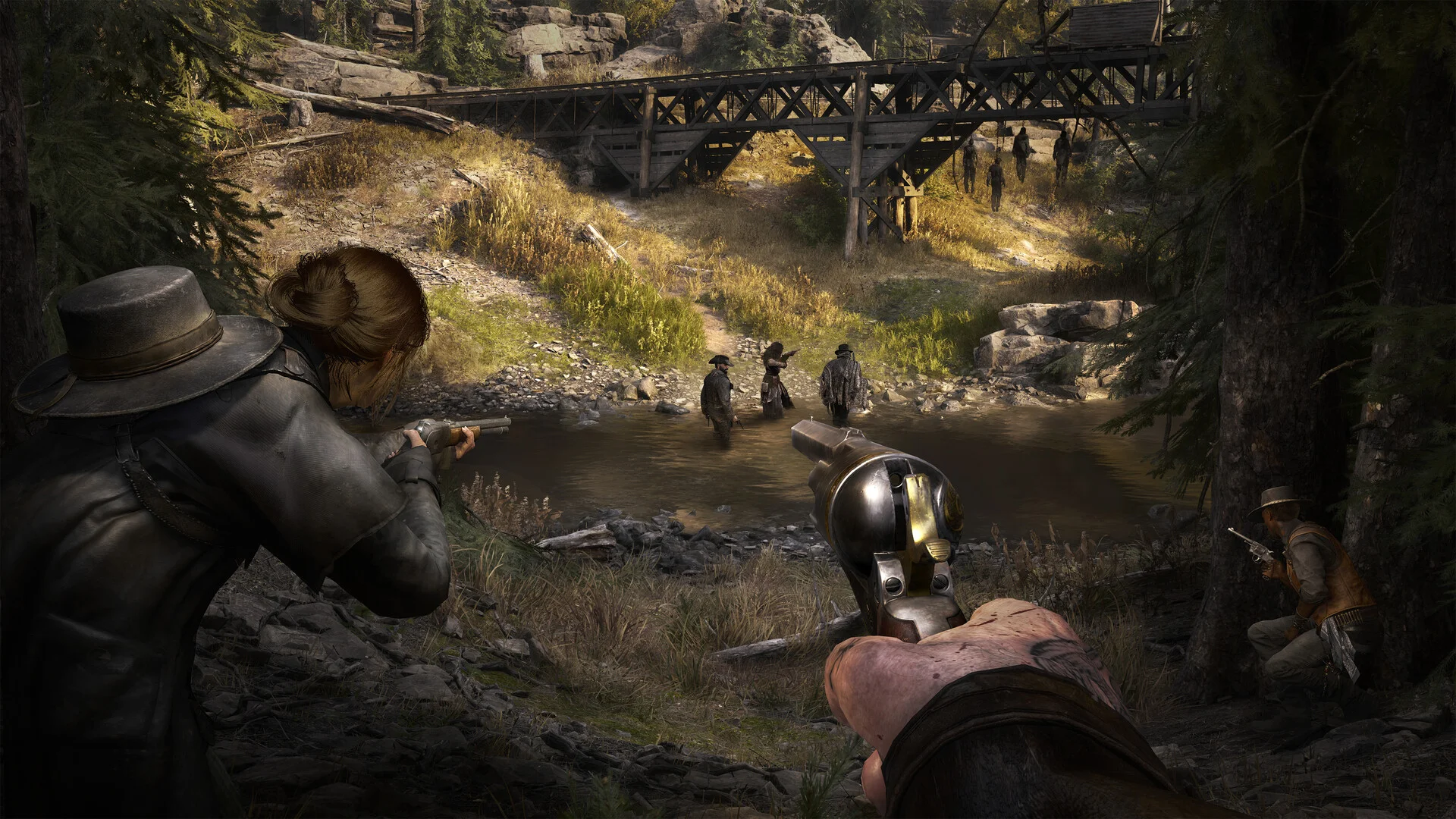 Three Hunters confront enemies in a creek in Hunt Showdown 1896.