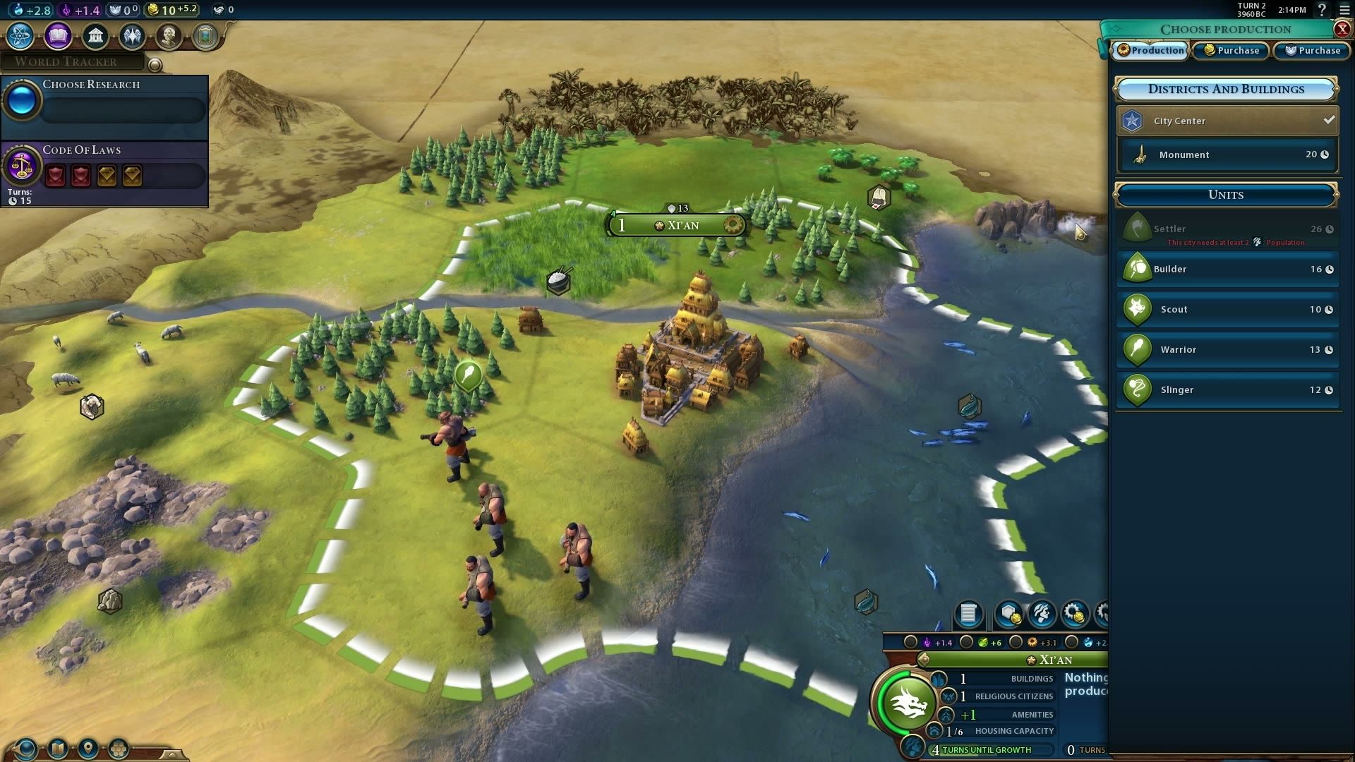 Civilization VI production menu showing Monument, Scout, Warrior and Slinger.