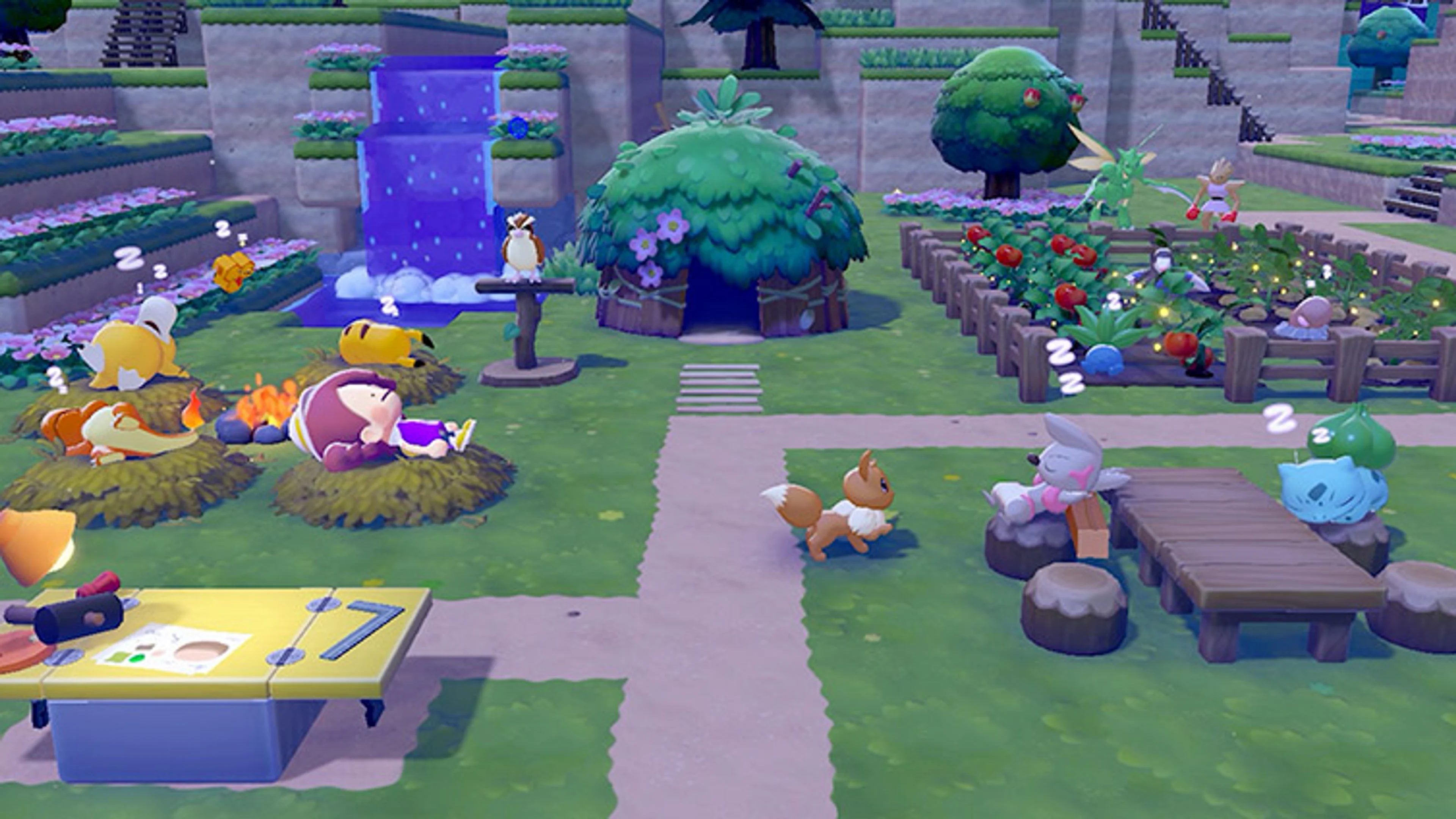 Pokémon gather around an outdoor table in a built Pokopia area.