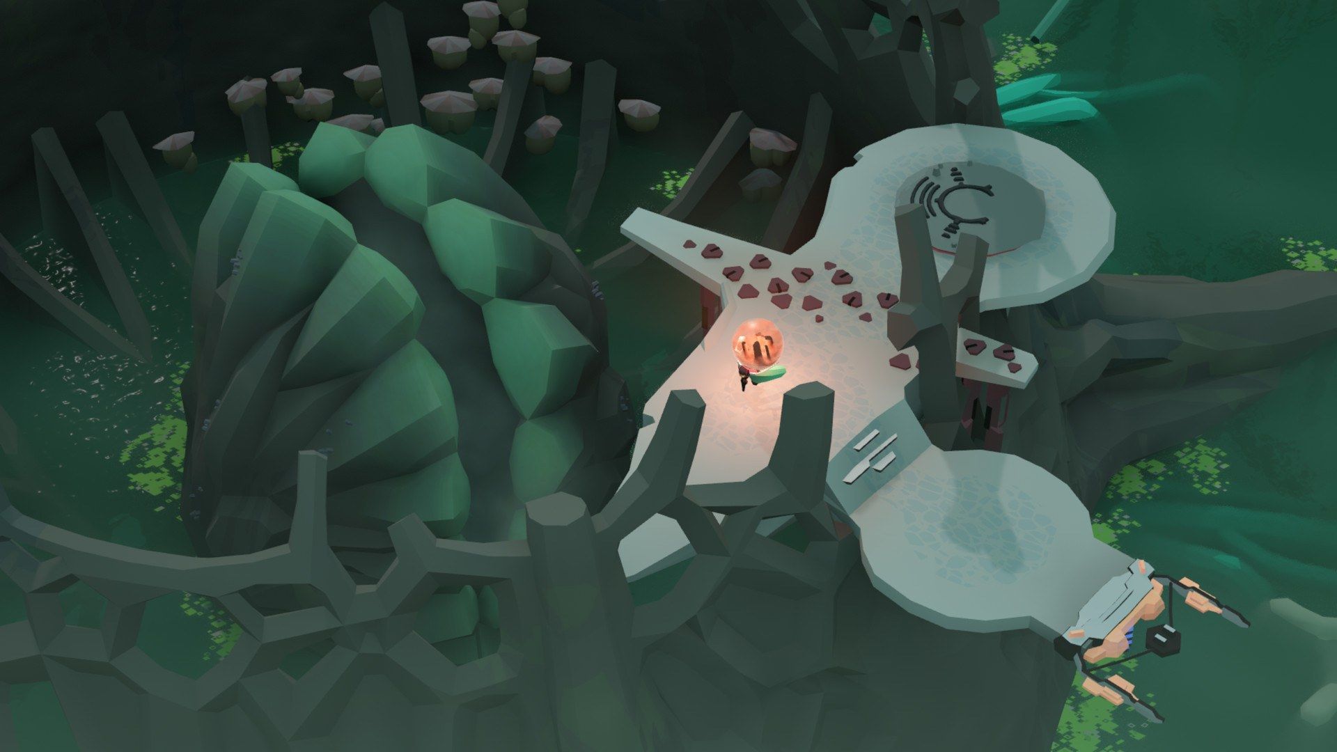 The protagonist carries an orb along a path in a green world.