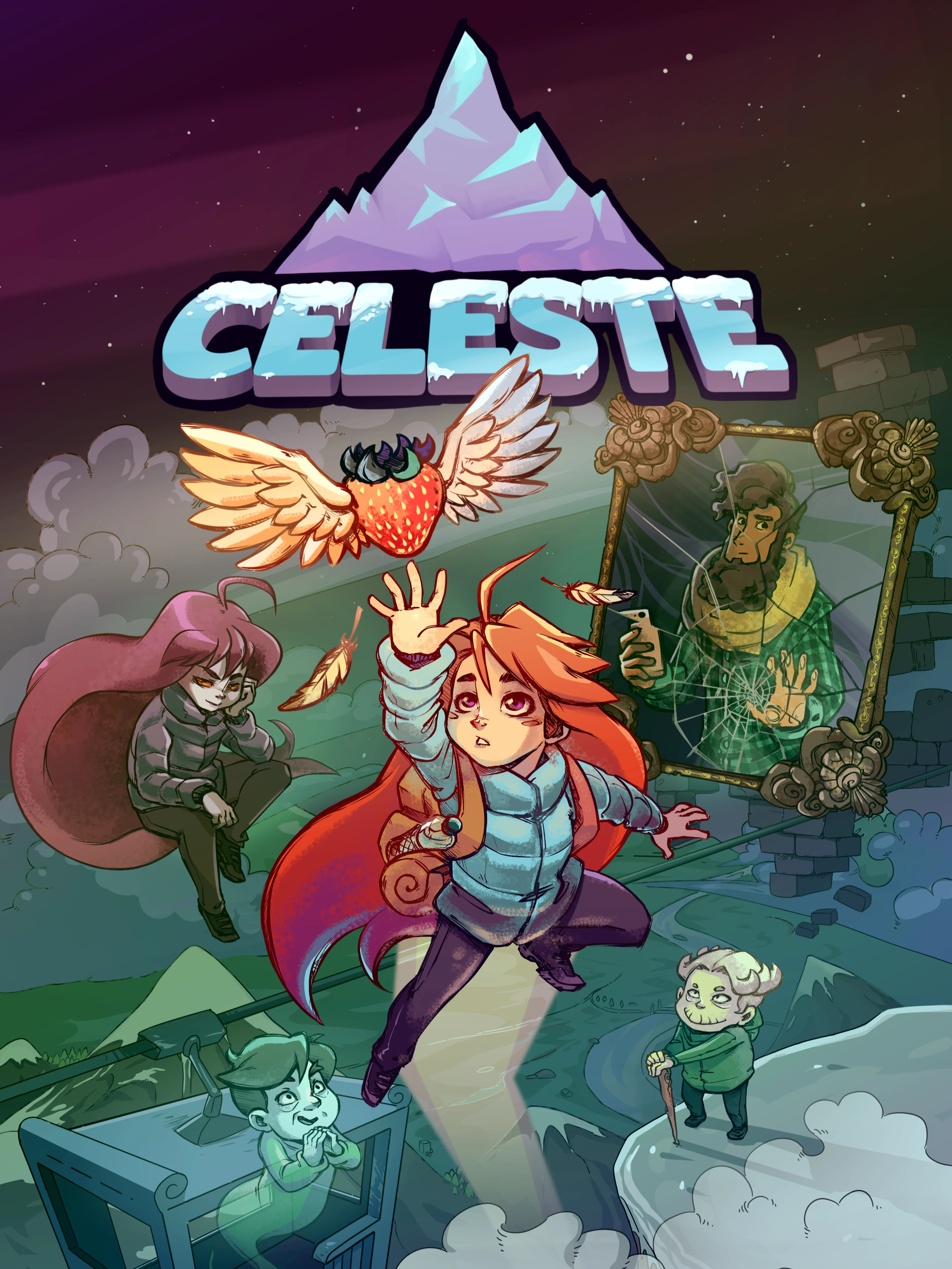 Official Celeste cover art with Madeline reaching toward a winged strawberry beneath the native title.