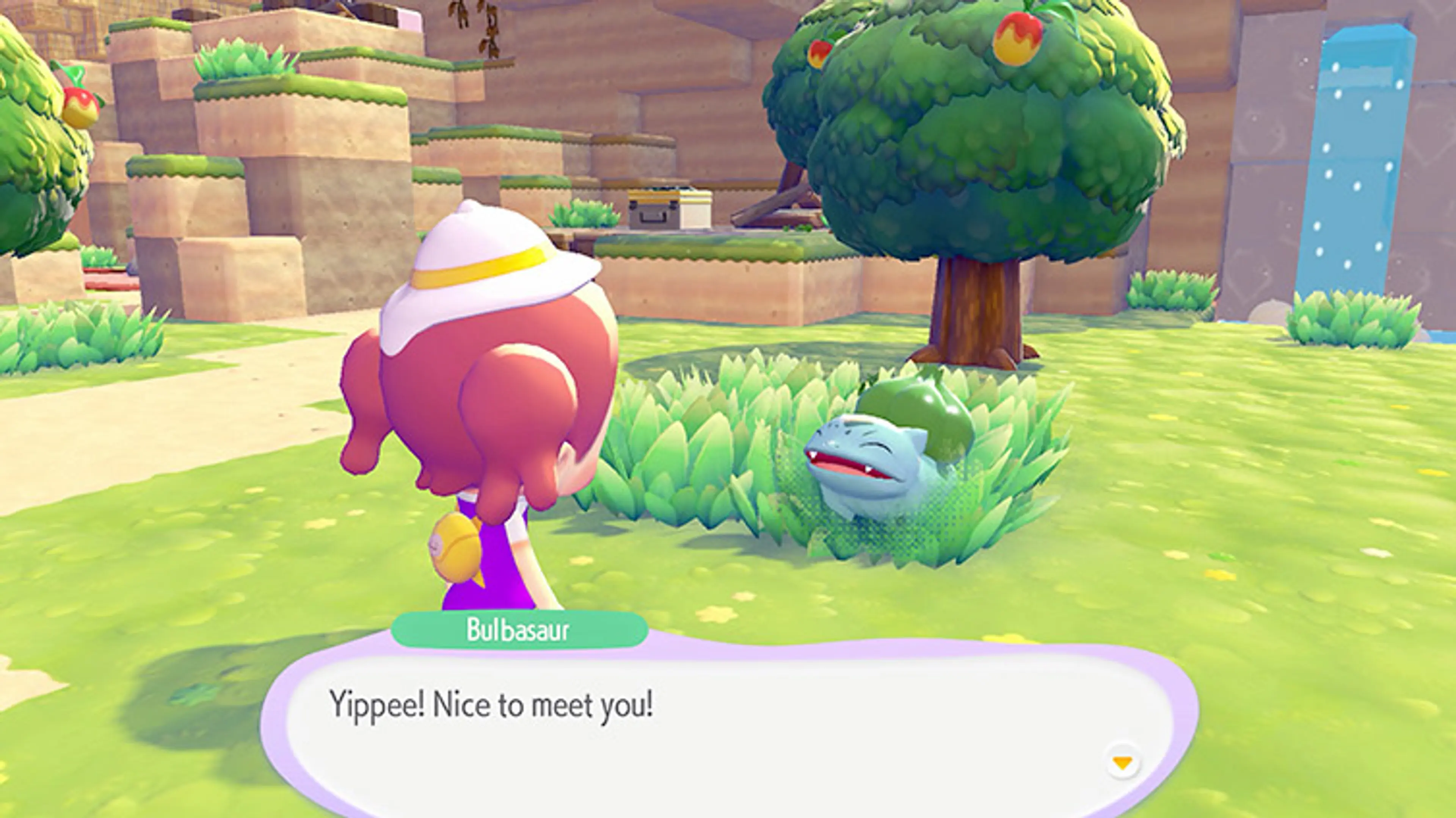 Gameplay screenshot: a player character faces Bulbasaur beside a tree in a bright settlement with a dialogue box visible in Pokémon Pokopia.