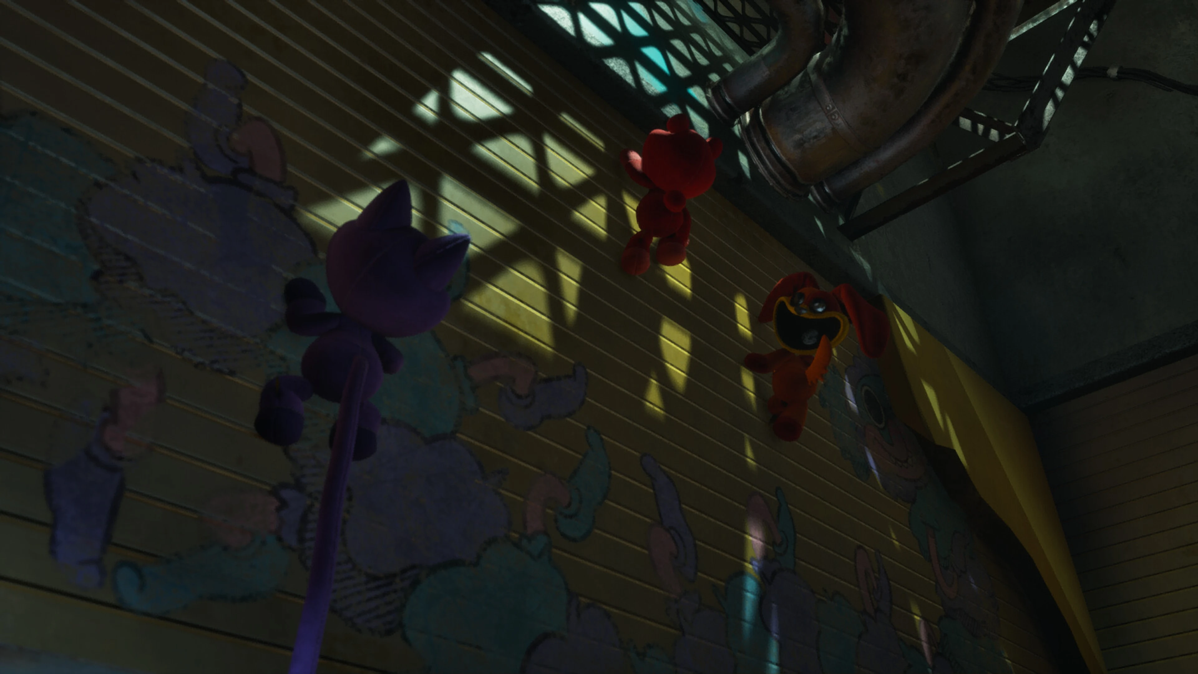 Three Smiling Critters climb through an industrial section of the factory in Escape From Playtime.