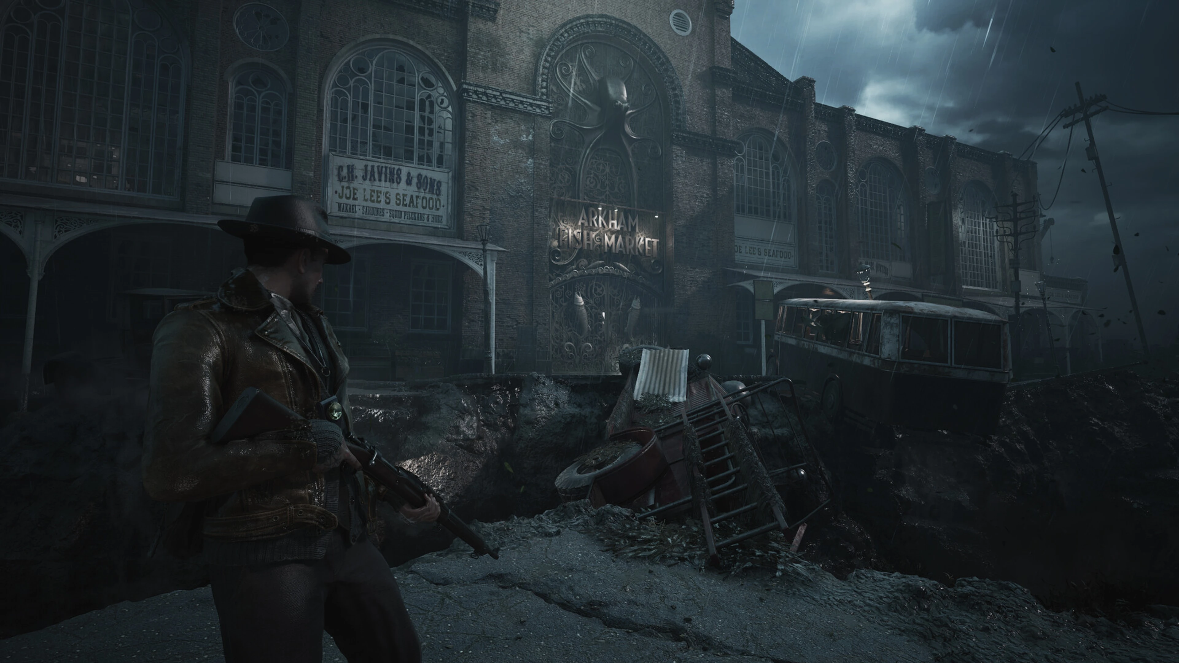 Calvin Rafferty holds a firearm on a damaged street in The Sinking City 2.