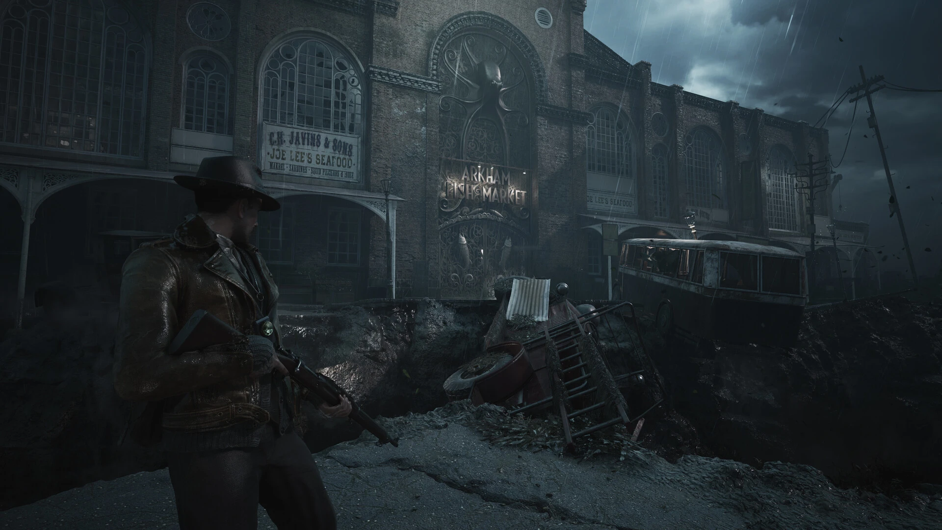 Calvin Rafferty holds a firearm on a damaged street in The Sinking City 2.