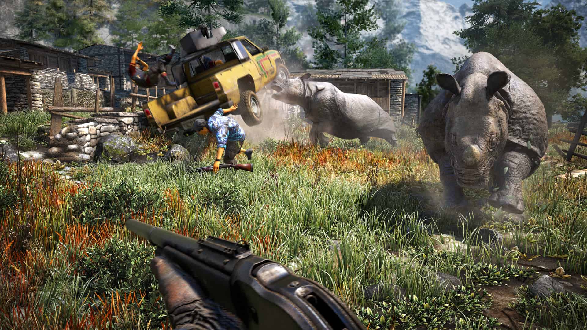 A first-person view of an elephant charging near a settlement in Kyrat.