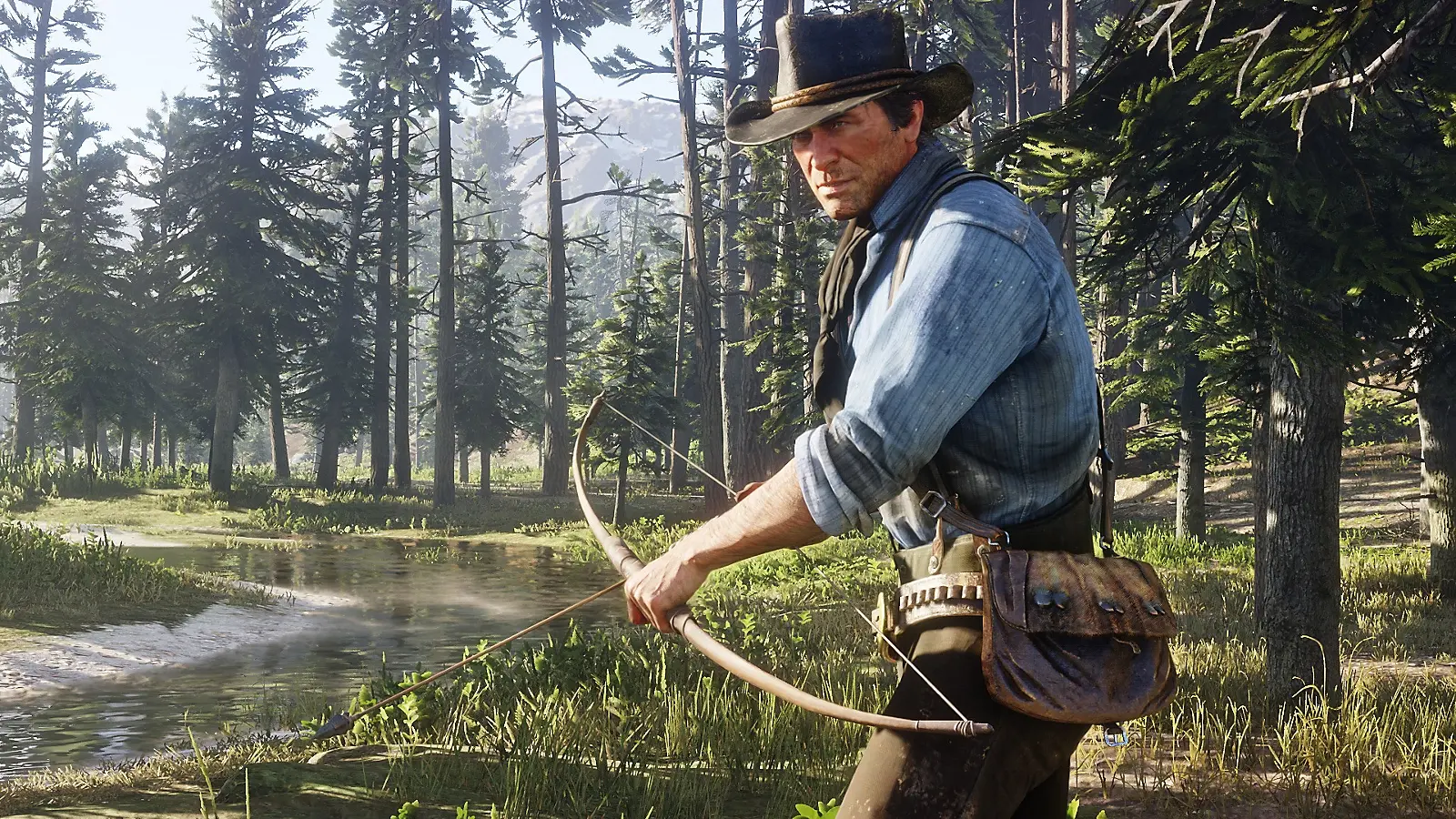 Arthur Morgan carrying a bow beside a stream in Red Dead Redemption 2.