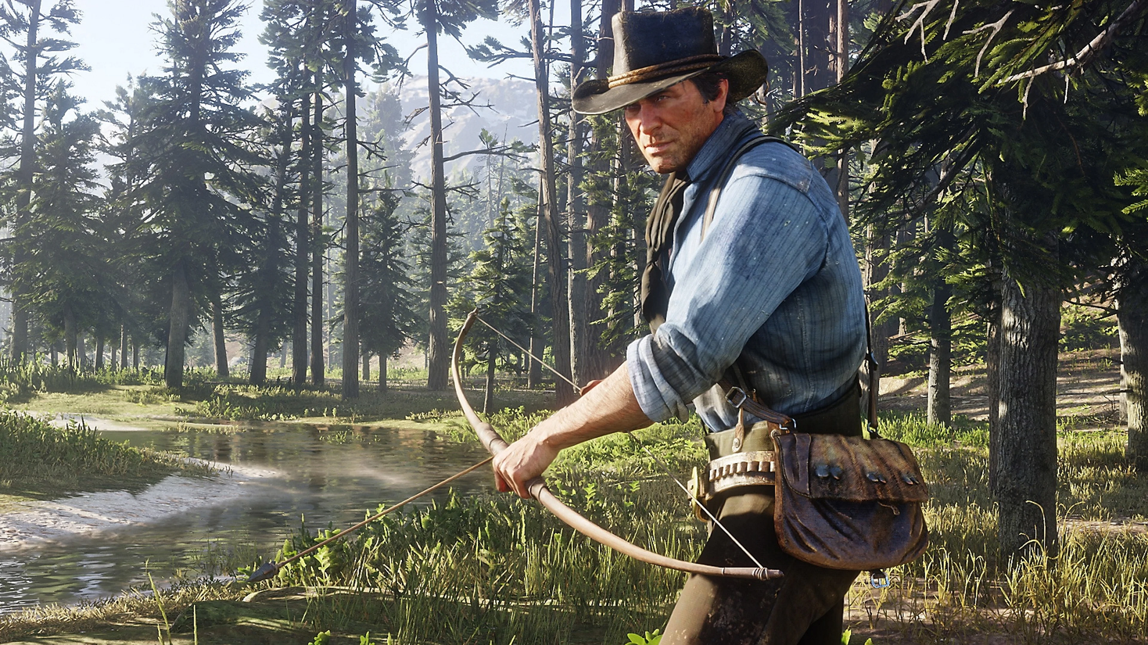 Arthur Morgan holding a bow while hunting in a forest.