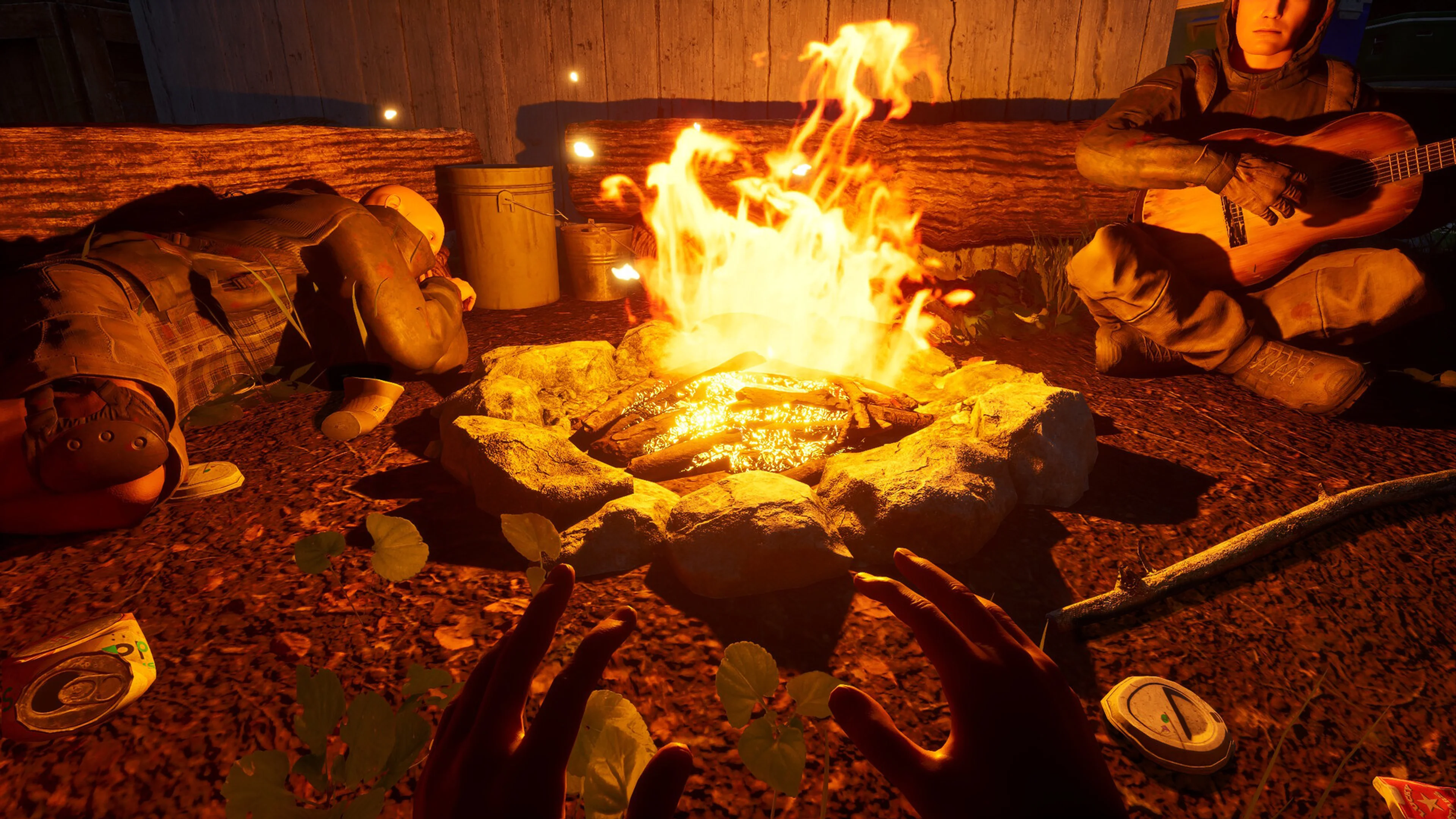 Survivors sit around a bright campfire while one plays guitar in Ardem.